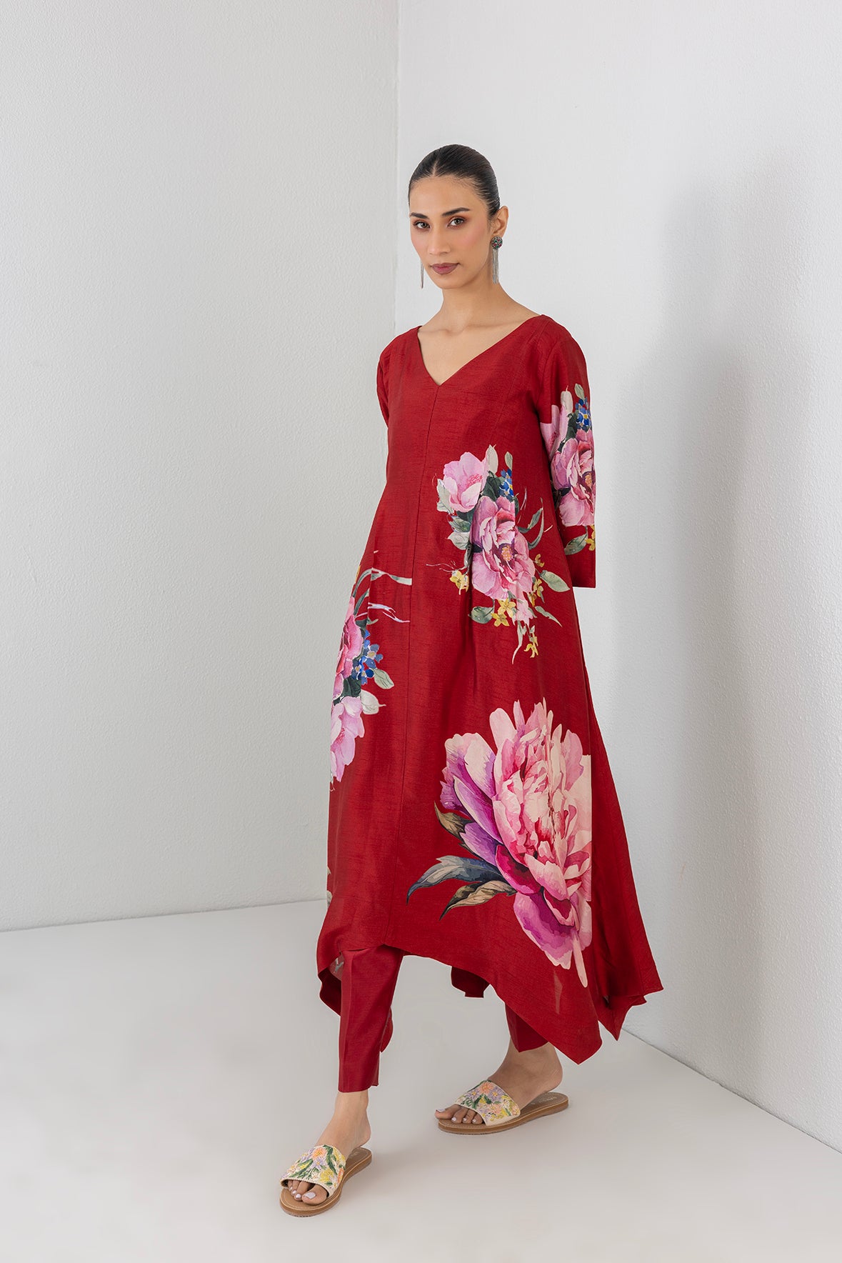 Crimson Flame Red Dupion China Rose Printed Dress