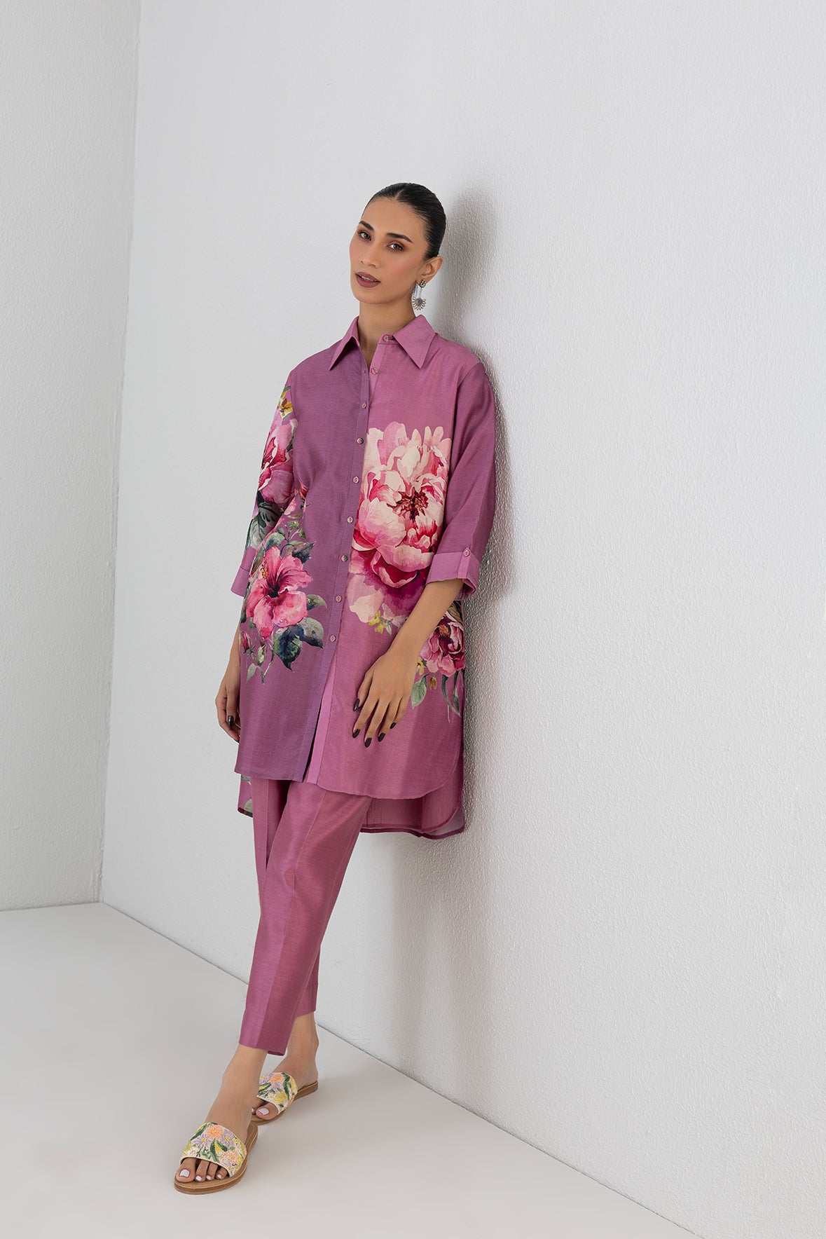 Blush Pink Dupion Peony Flower Printed Shirt