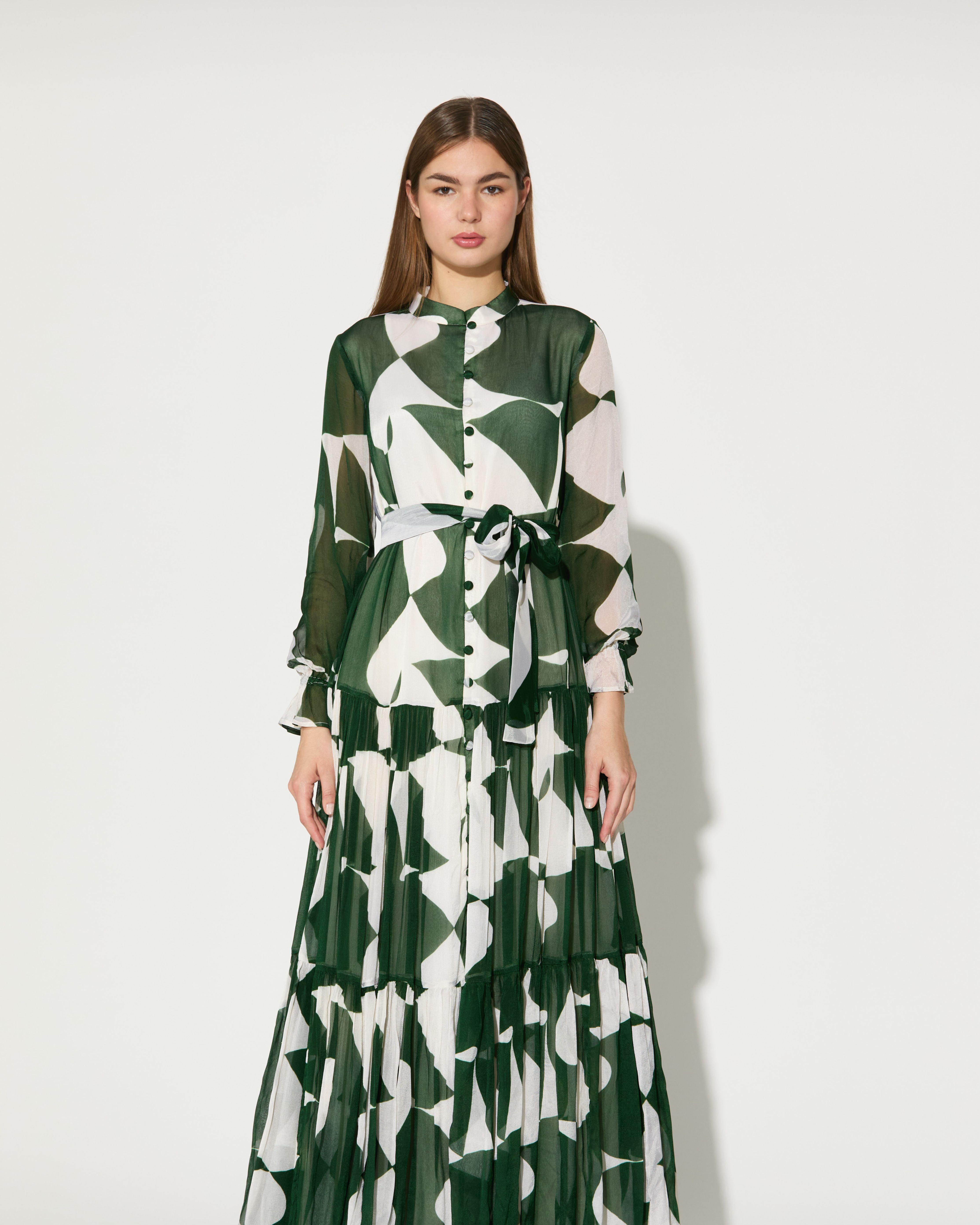 GREEN AND WHITE ABSTRACT LONG DRESS