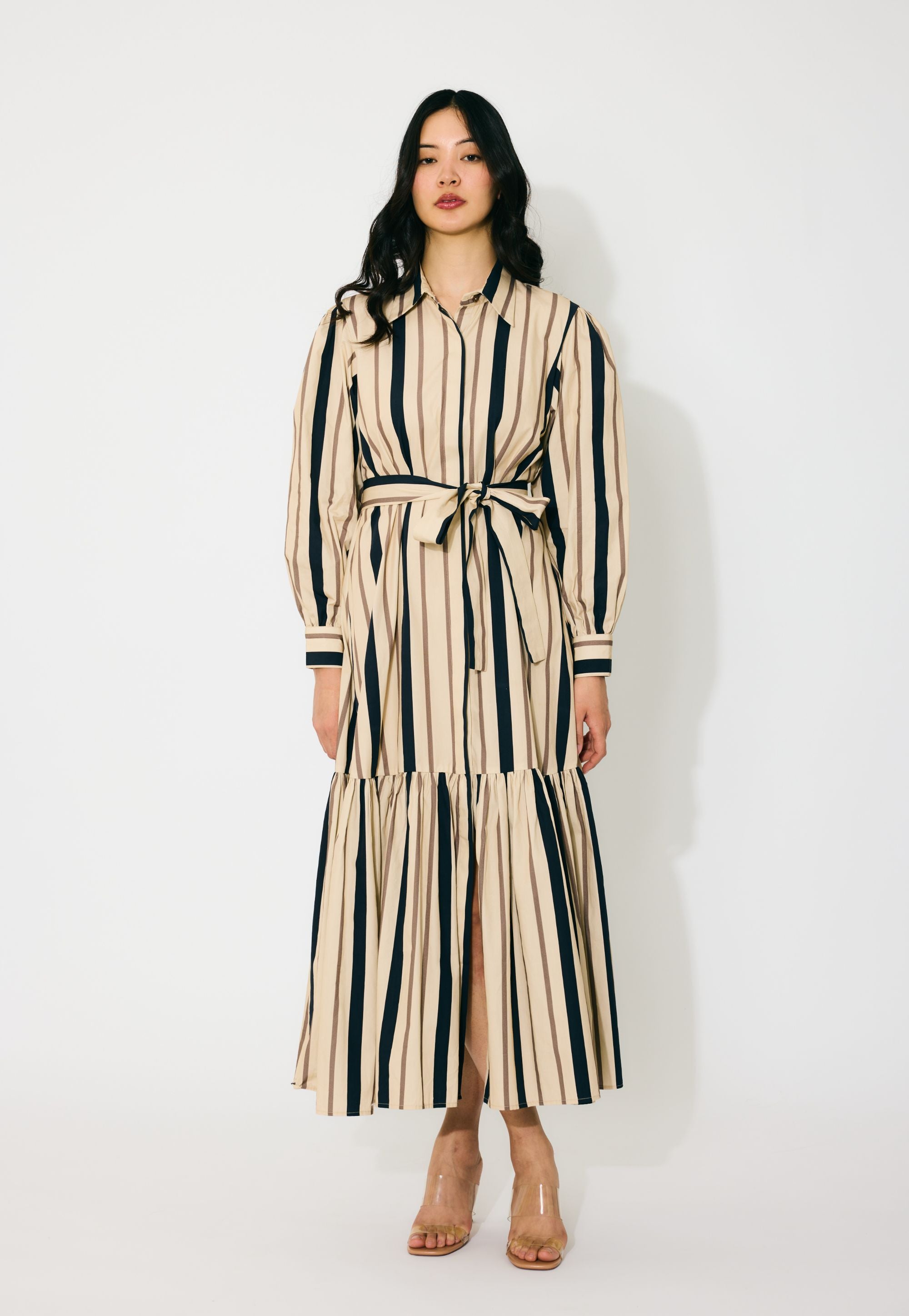 CREAM AND DARK GREEN STRIPE SHIRT DRESS