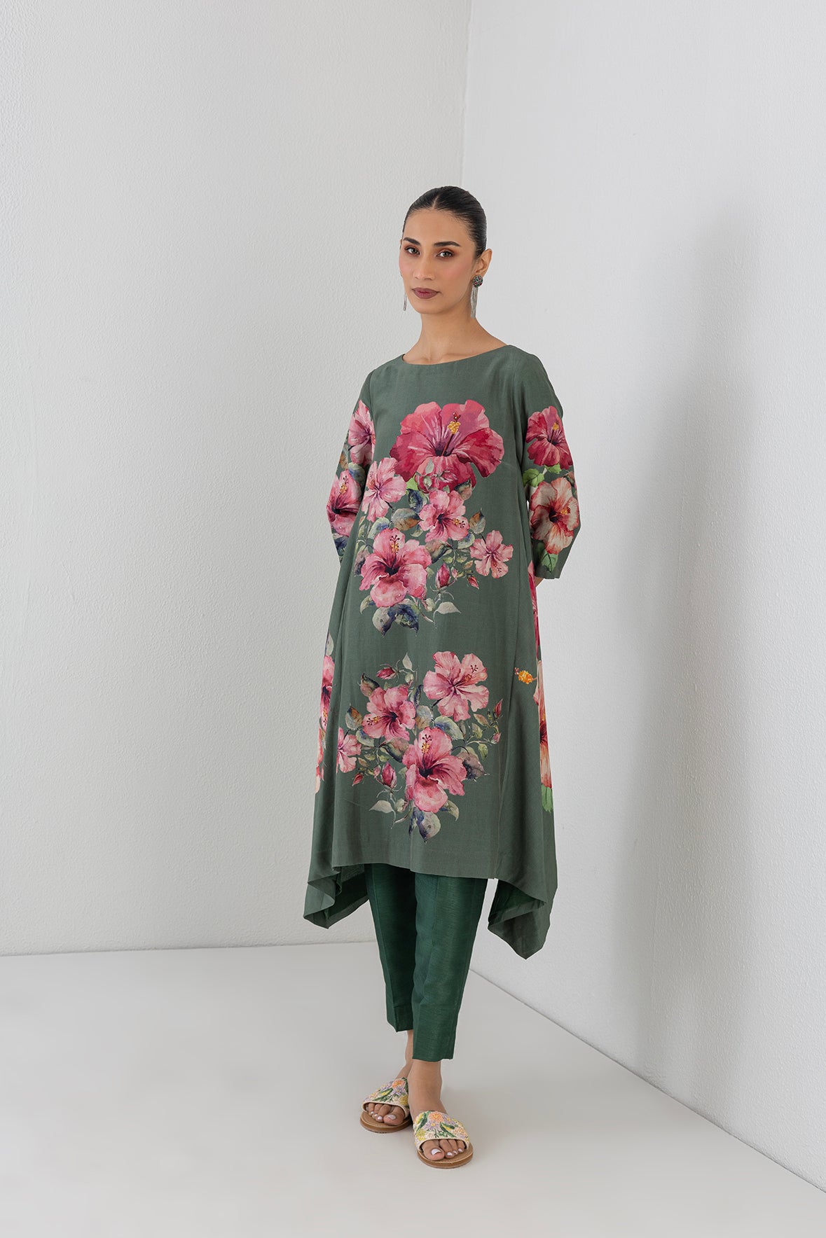 Minted Sage Silk Chanderi Hibiscus Printed Dress