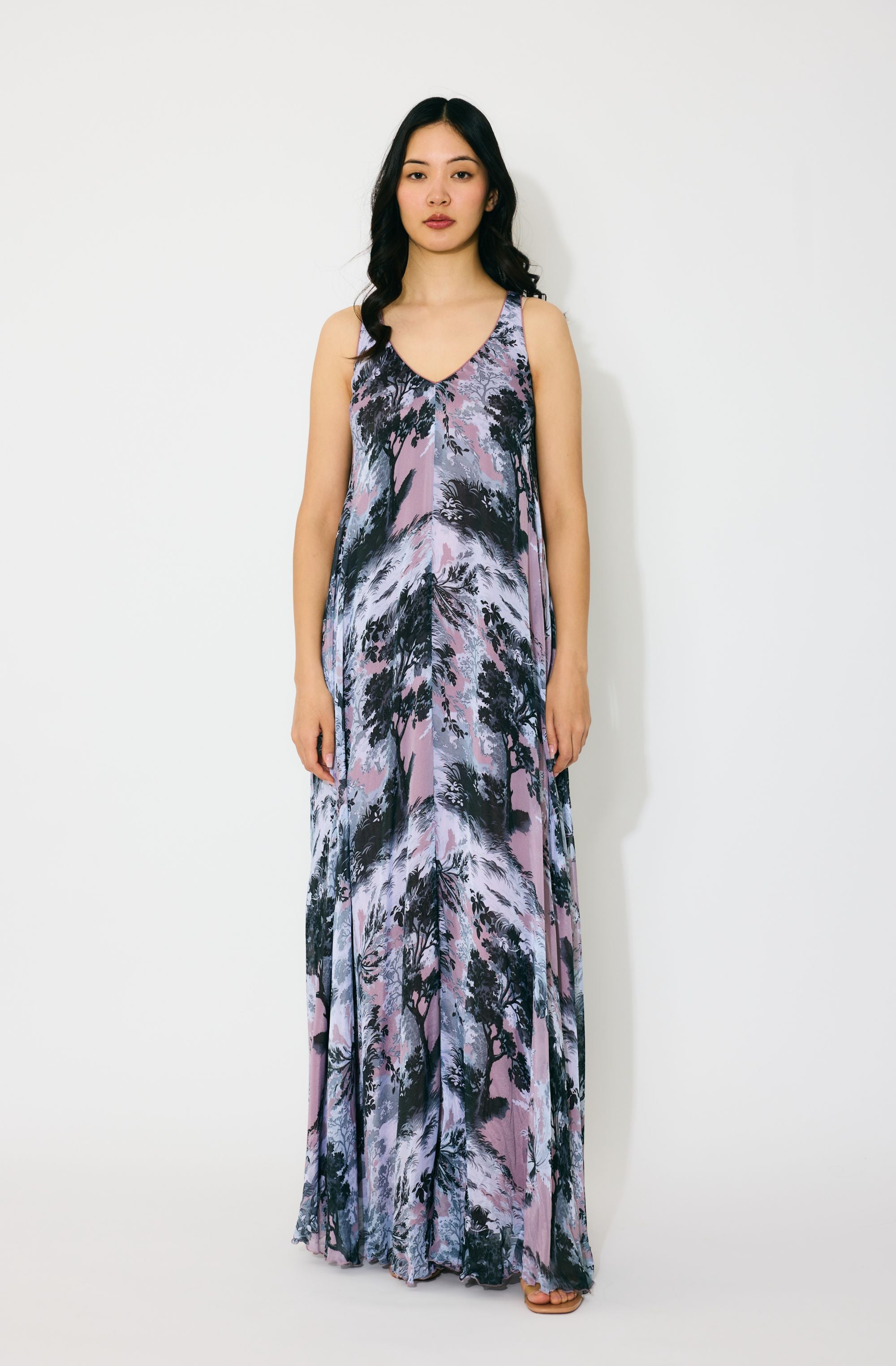 PINK, GREY AND WHITE TOILE PRINT LONG DRESS