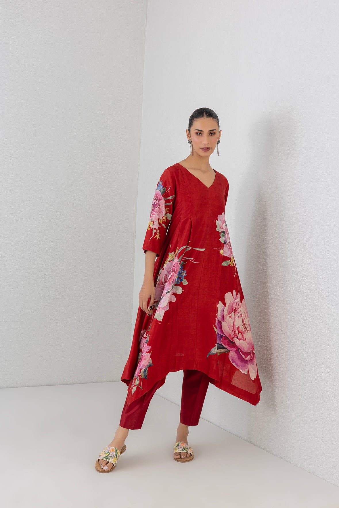 Crimson Flame Red Silk Chanderi China Rose Printed Dress