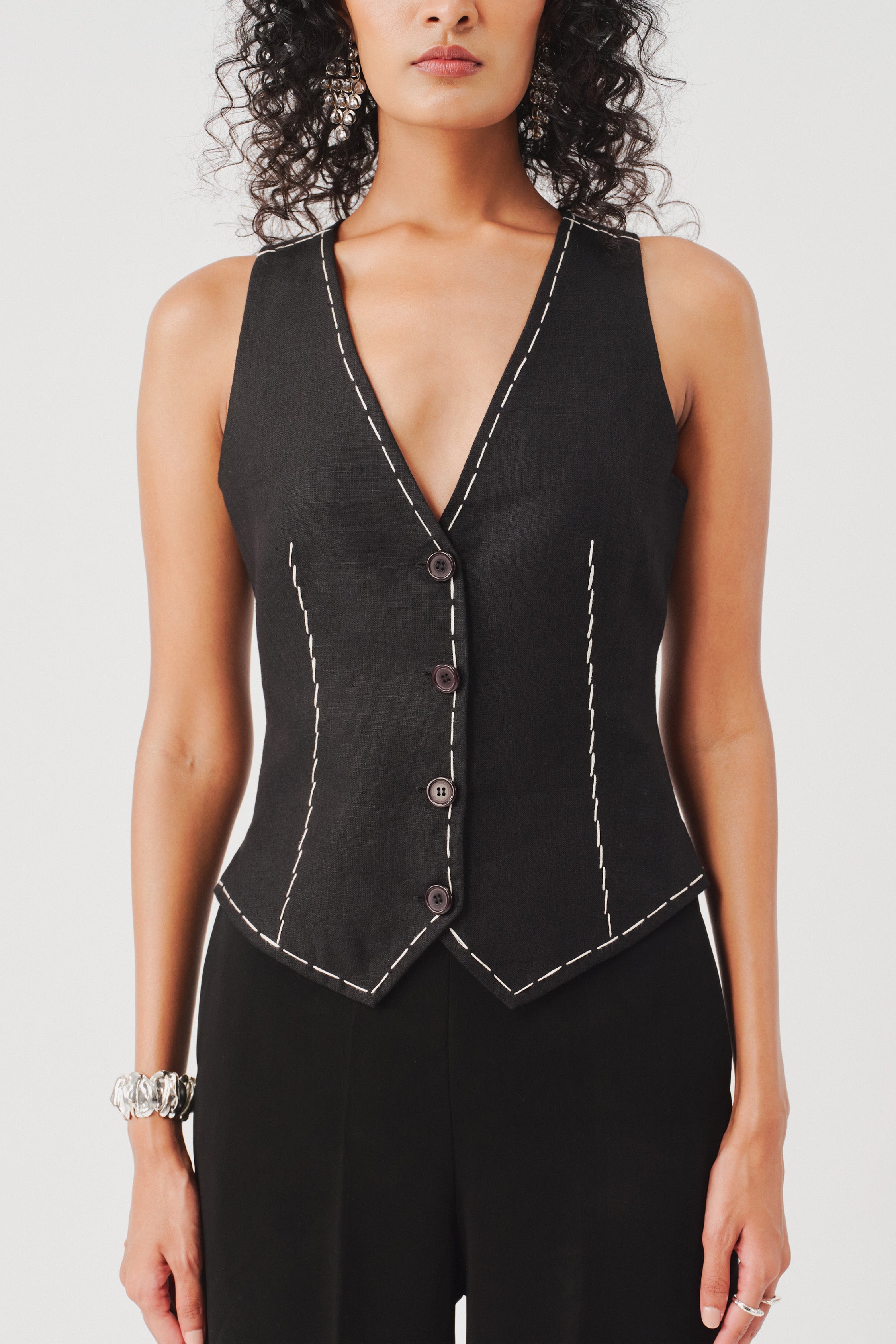 Bearer Black Linen Waistcoat