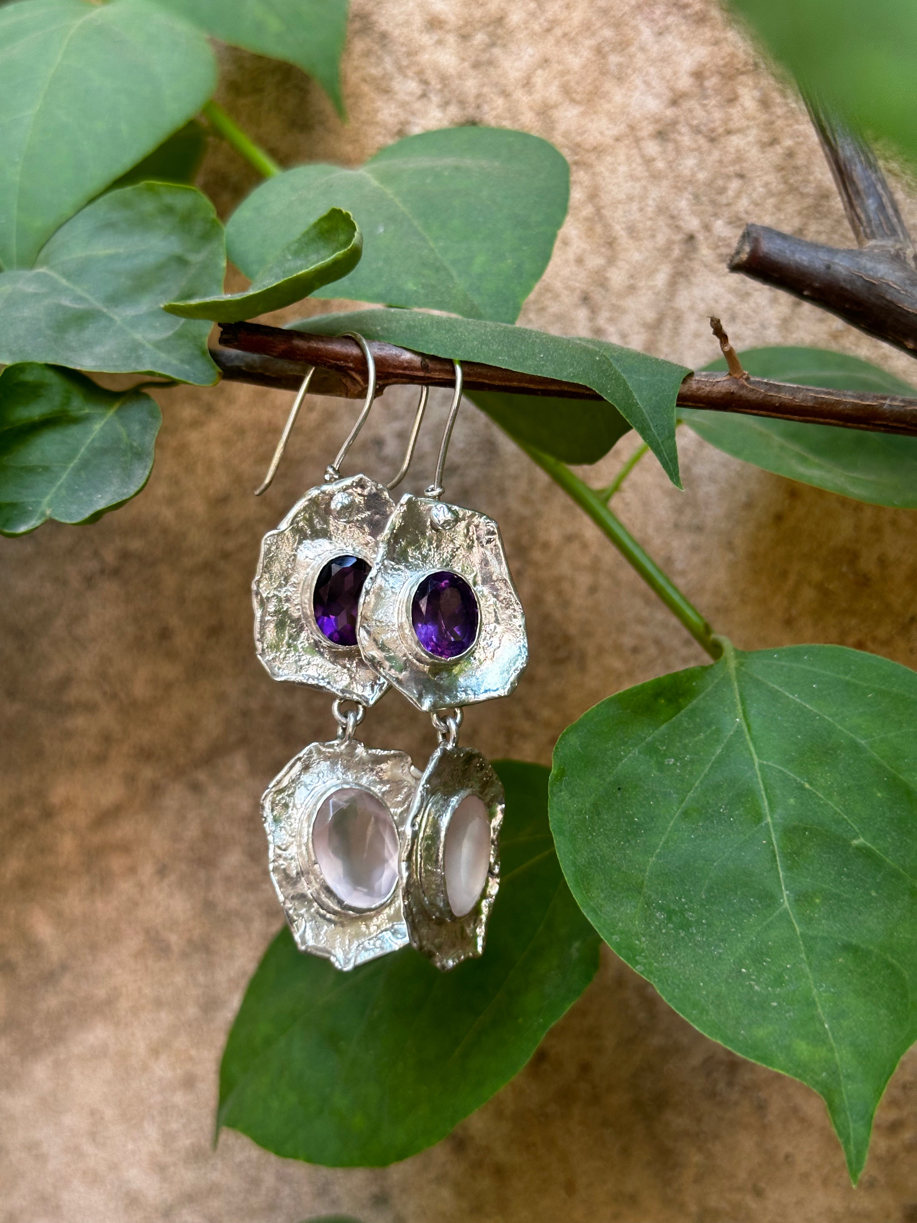 Twilight Bloom – Dual-Stone Sculpted Silver Earrings