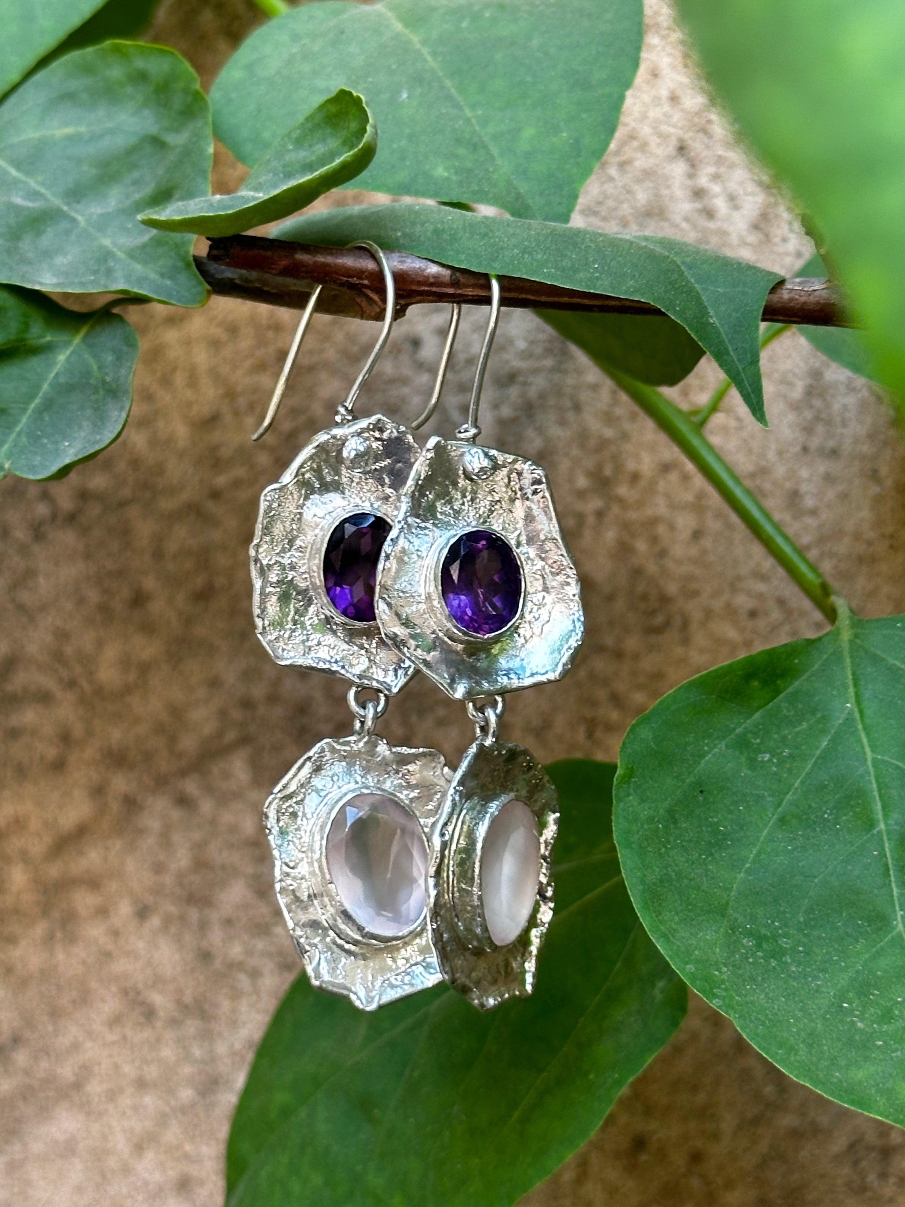 Twilight Bloom – Dual-Stone Sculpted Silver Earrings