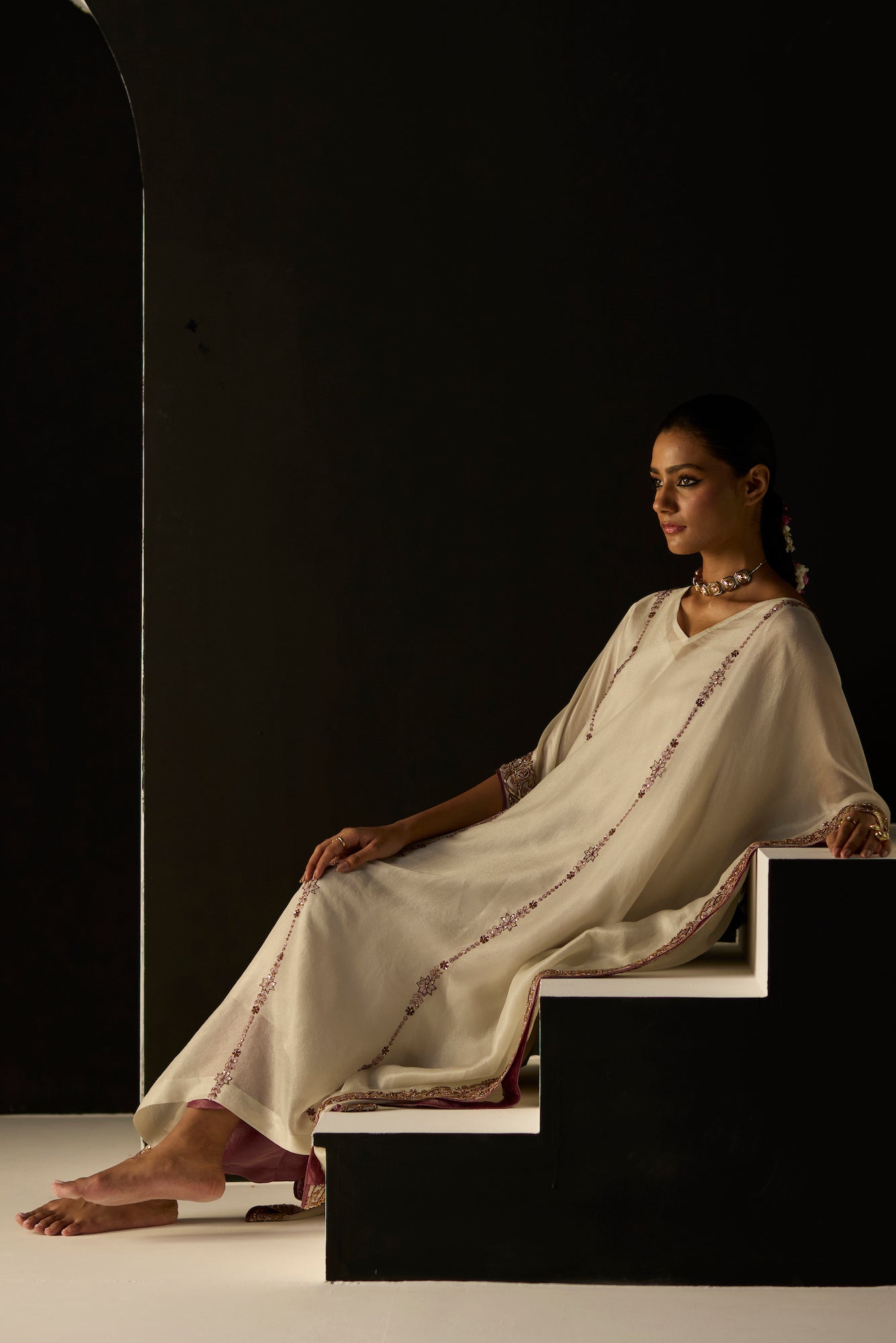 Elegant White Rana Tissue Silk Kaftan Set with Undershirt and Pants