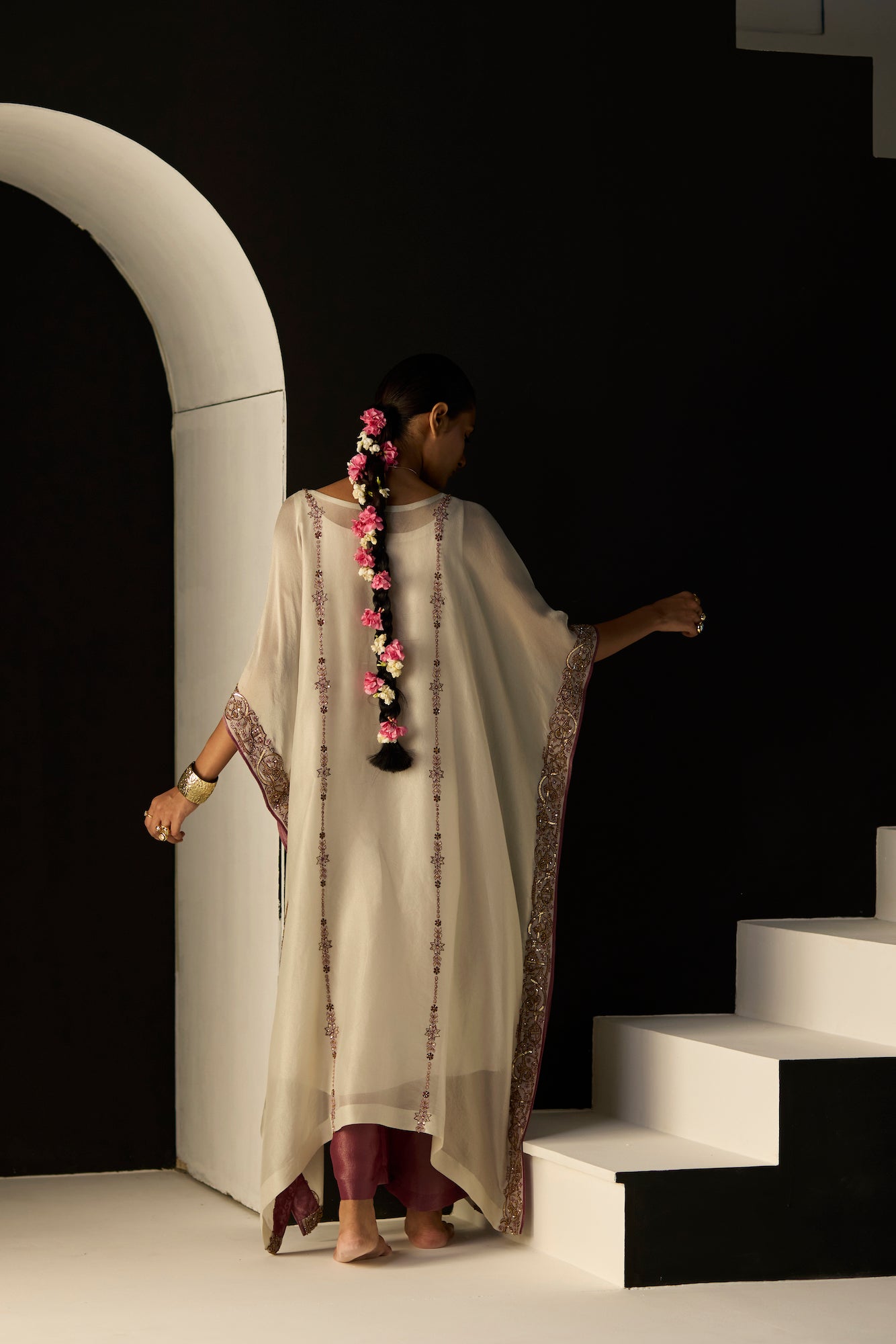 Elegant White Rana Tissue Silk Kaftan Set with Undershirt and Pants