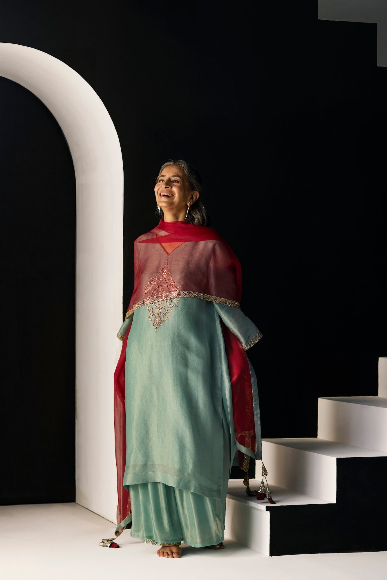 Elegant Blue Sana Suit: Tissue Silk Dupatta, Satin Kurta, Stylish Pants Ensemble