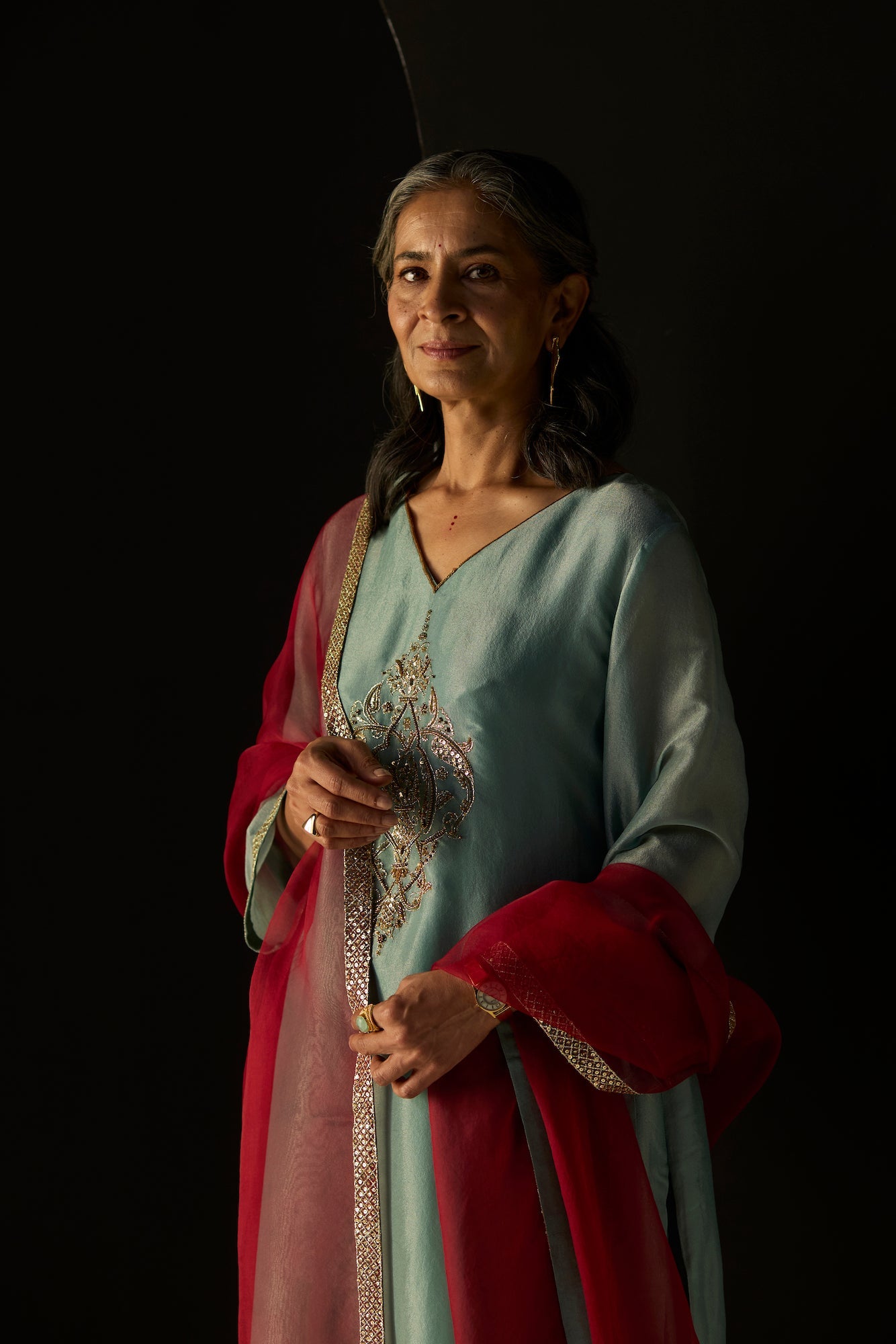 Elegant Blue Sana Suit: Tissue Silk Dupatta, Satin Kurta, Stylish Pants Ensemble