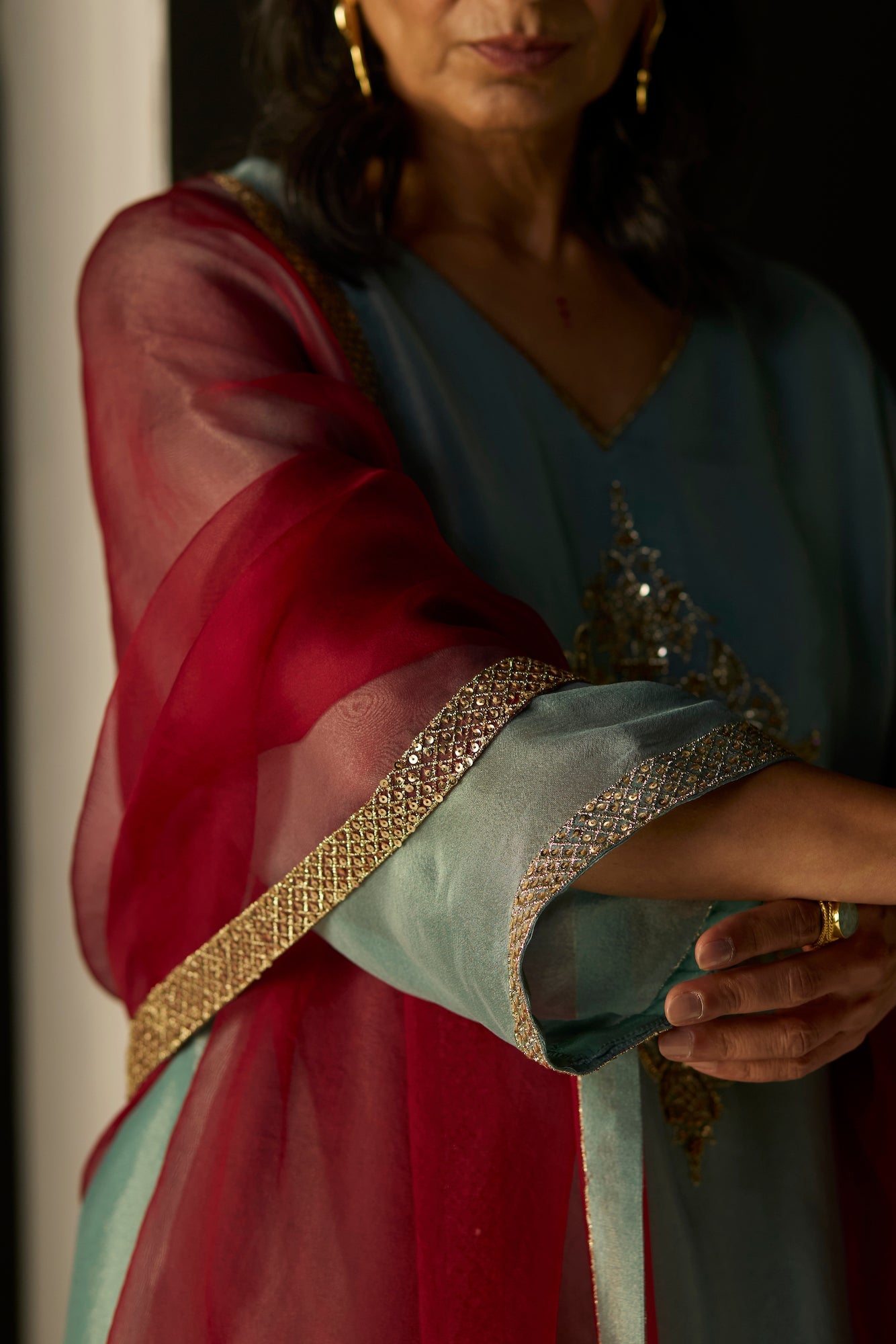 Elegant Blue Sana Suit: Tissue Silk Dupatta, Satin Kurta, Stylish Pants Ensemble