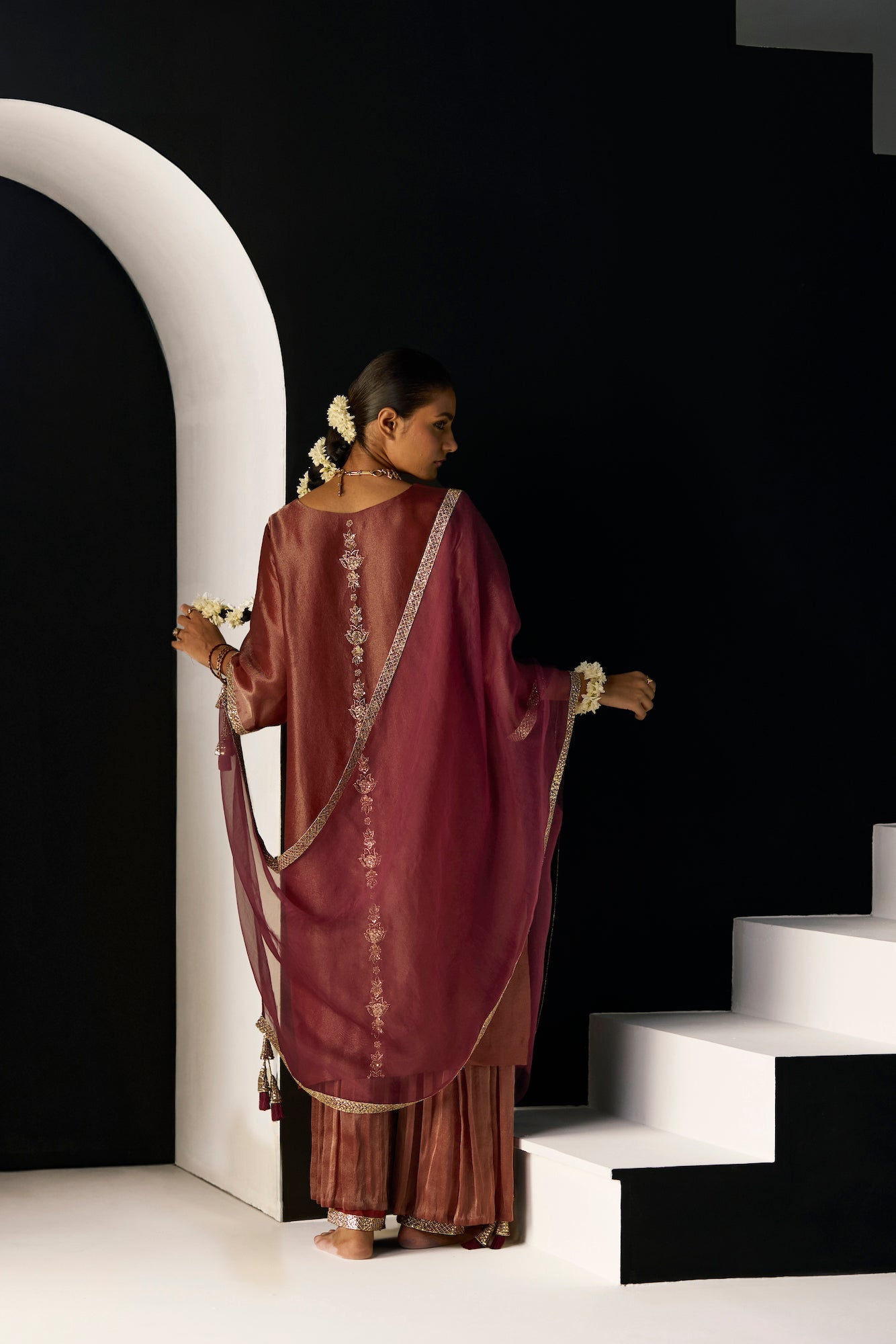 Luxurious Rust Sana Tissue Silk Suit: Elegant 3-Piece Kurta, Pants, Dupatta Ensemble
