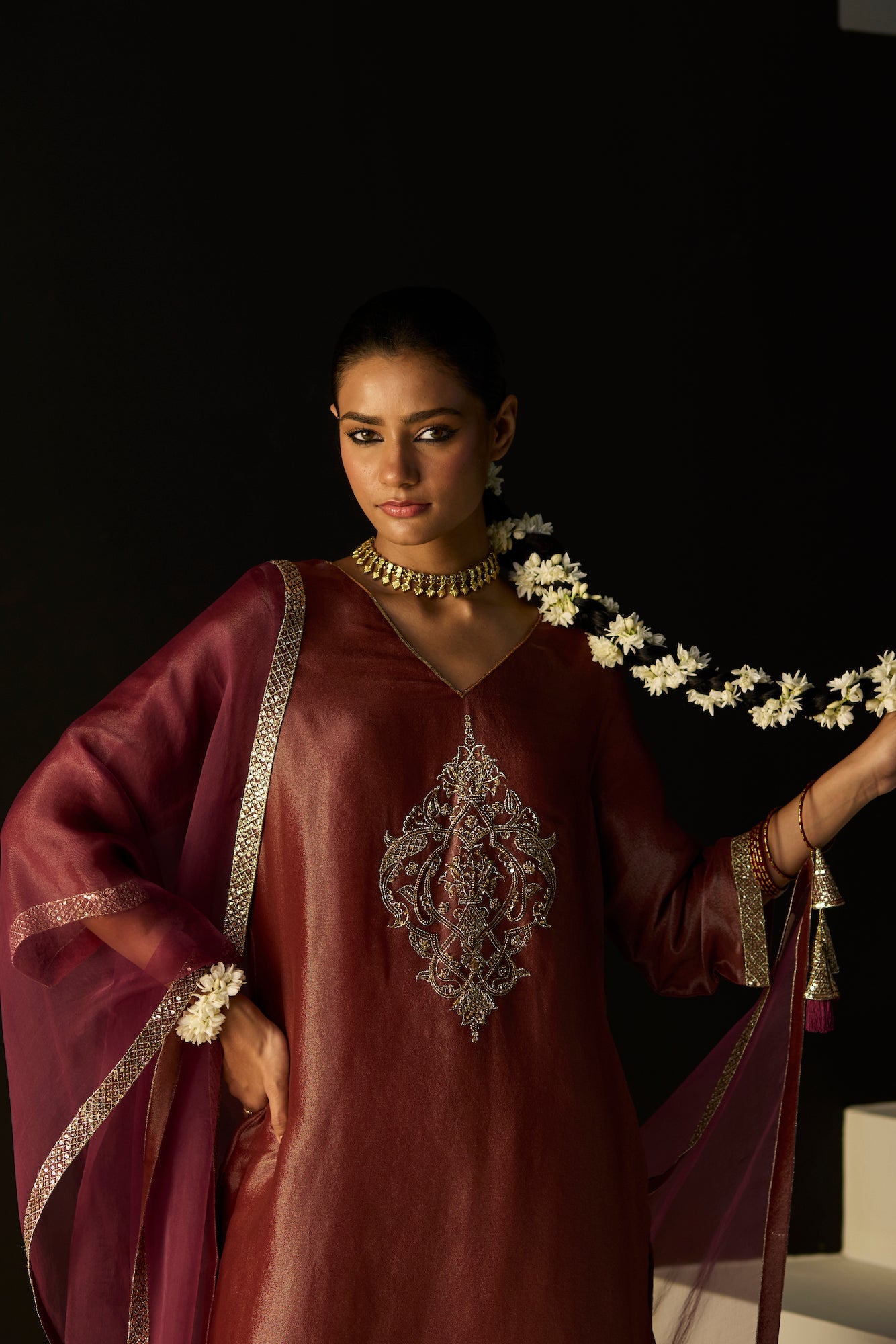 Luxurious Rust Sana Tissue Silk Suit: Elegant 3-Piece Kurta, Pants, Dupatta Ensemble