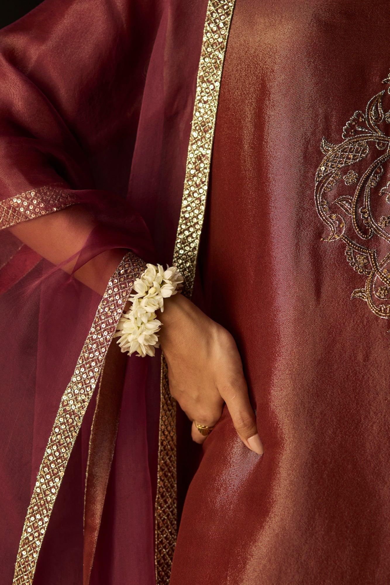 Luxurious Rust Sana Tissue Silk Suit: Elegant 3-Piece Kurta, Pants, Dupatta Ensemble