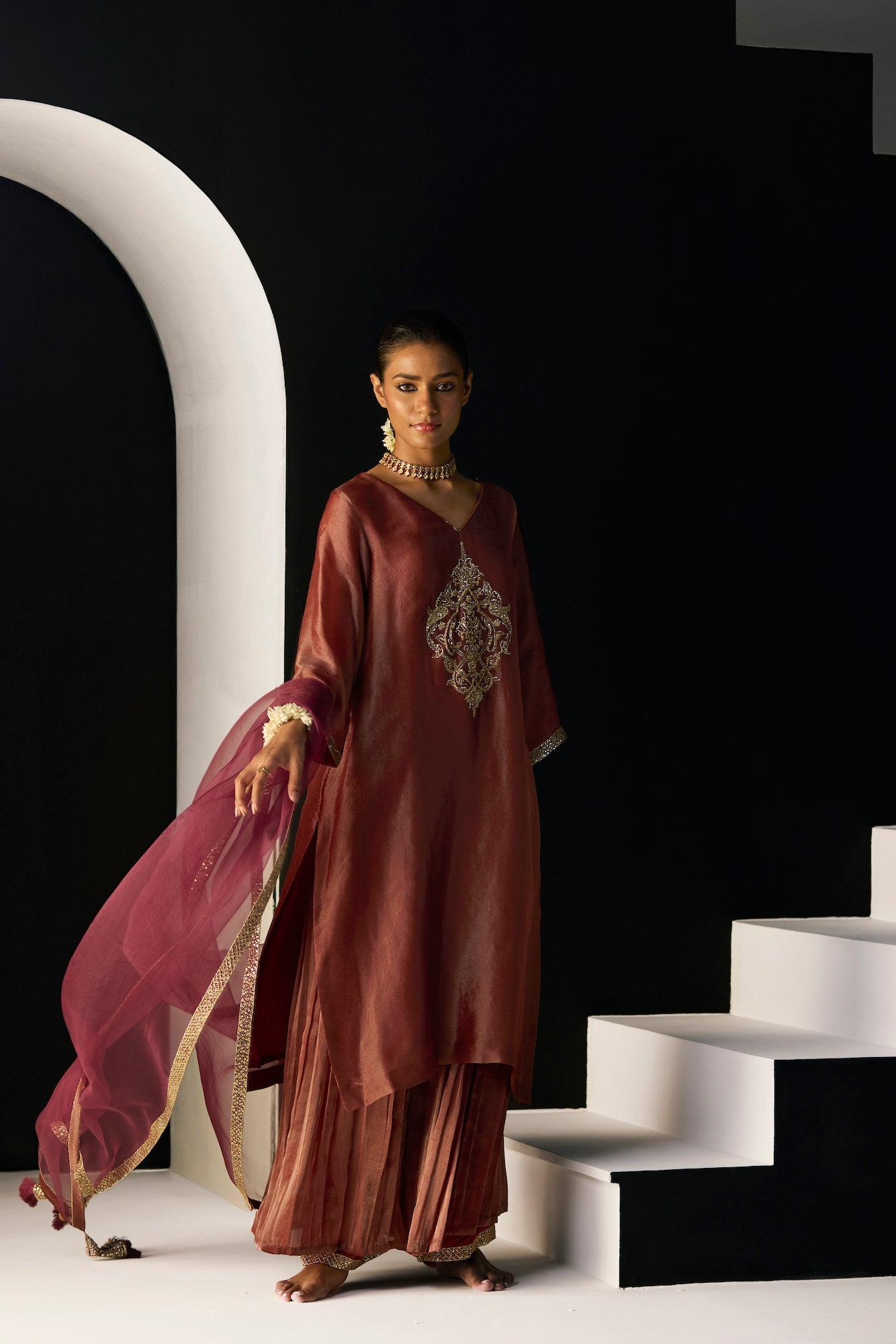 Luxurious Rust Sana Tissue Silk Suit: Elegant 3-Piece Kurta, Pants, Dupatta Ensemble