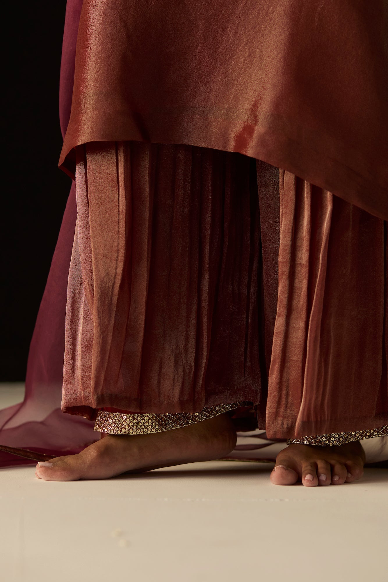 Luxurious Rust Sana Tissue Silk Suit: Elegant 3-Piece Kurta, Pants, Dupatta Ensemble