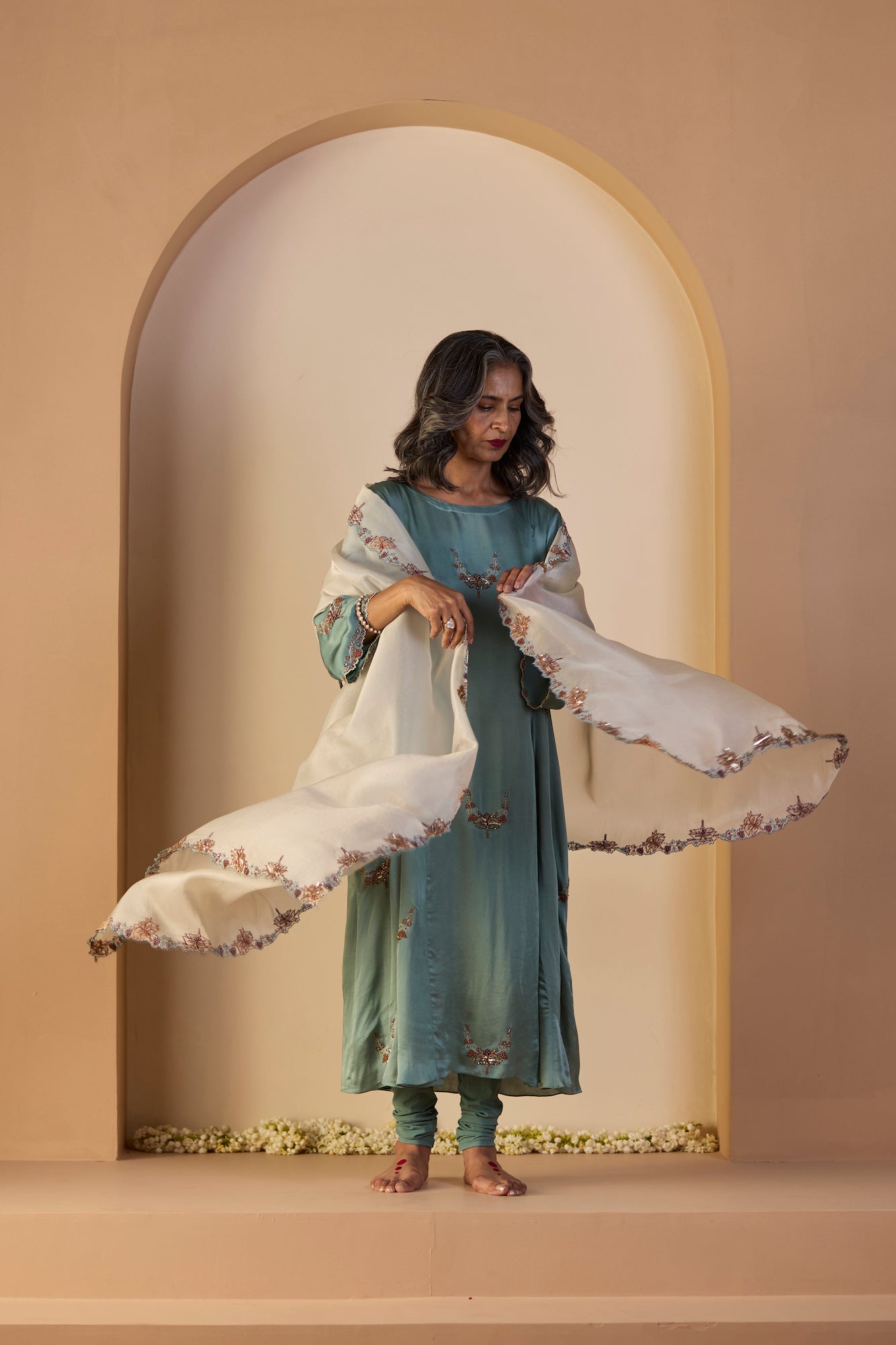 Elegant Blue Nazakat Suit: Luxurious Silk Kurta, Dupatta, Churidar Ensemble