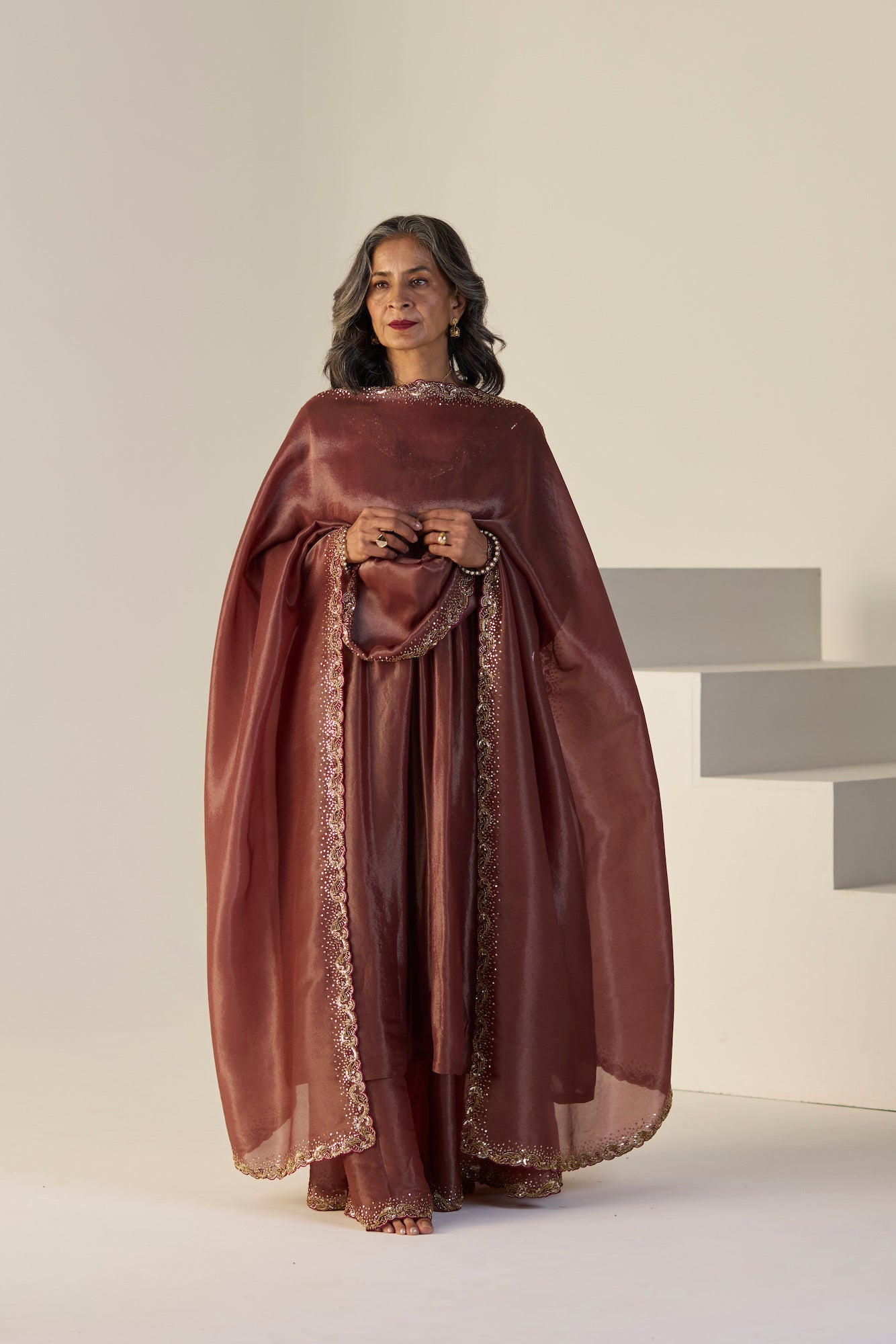 Elegant Rust Tissue Silk Lehenga Set: Kurta Skirt Dupatta Ensemble