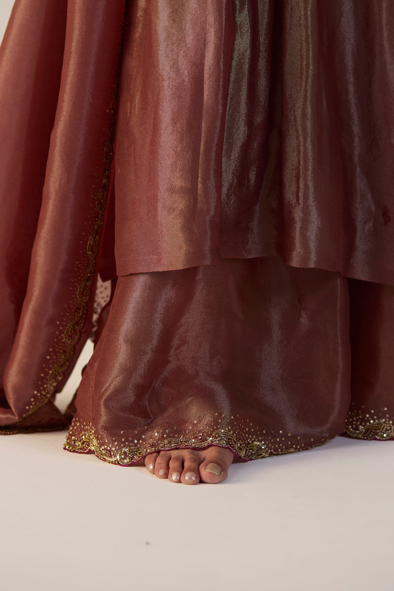 Elegant Rust Tissue Silk Lehenga Set: Kurta Skirt Dupatta Ensemble