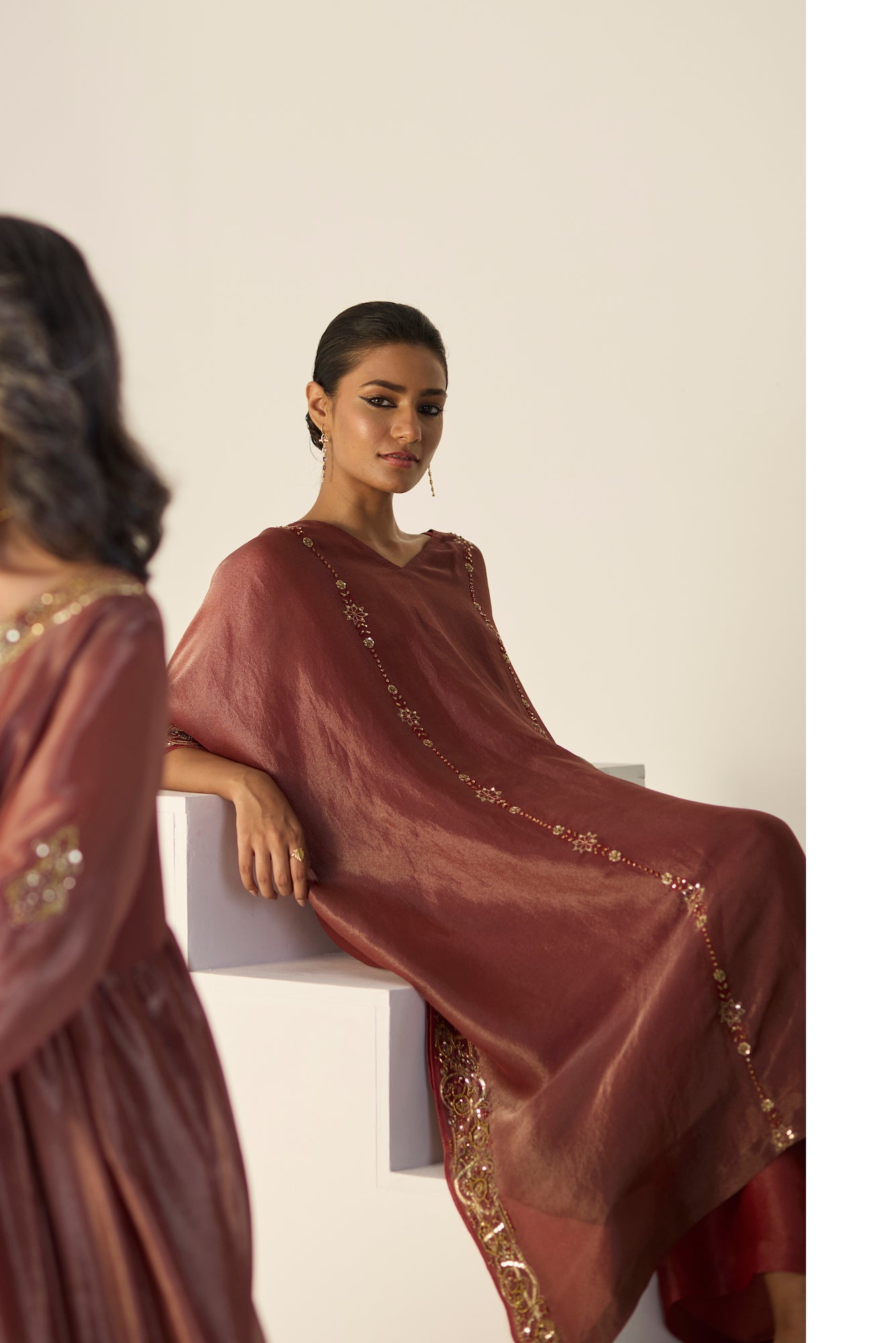 Elegant Rust Orange Tissue Silk Kaftan Set with Satin Undershirt and Pants