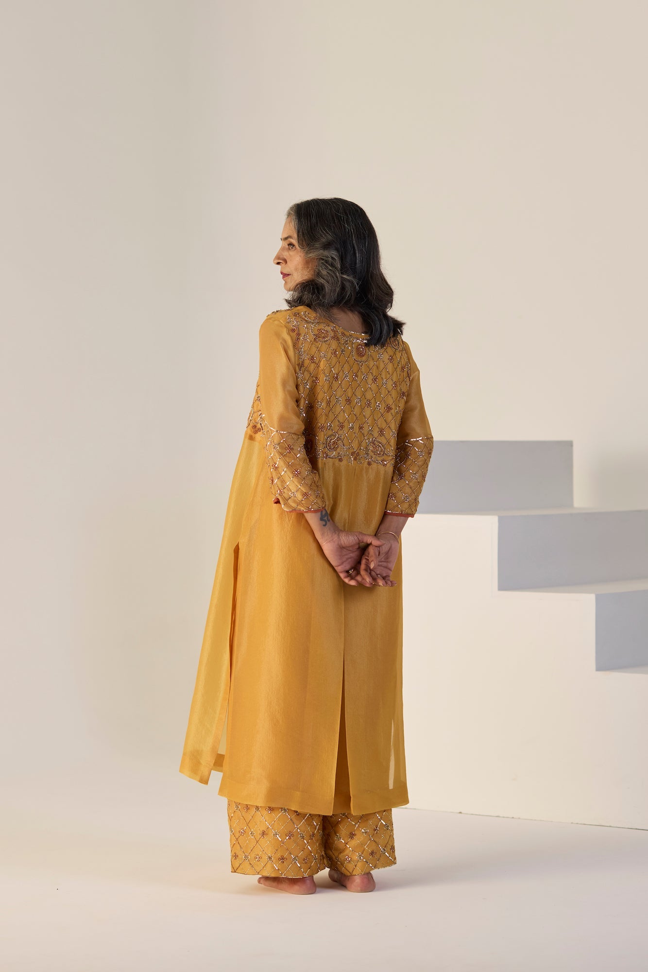 Vibrant Yellow Badla Tissue Silk Suit Set: Elegant Kurta, Pants, and Dupatta