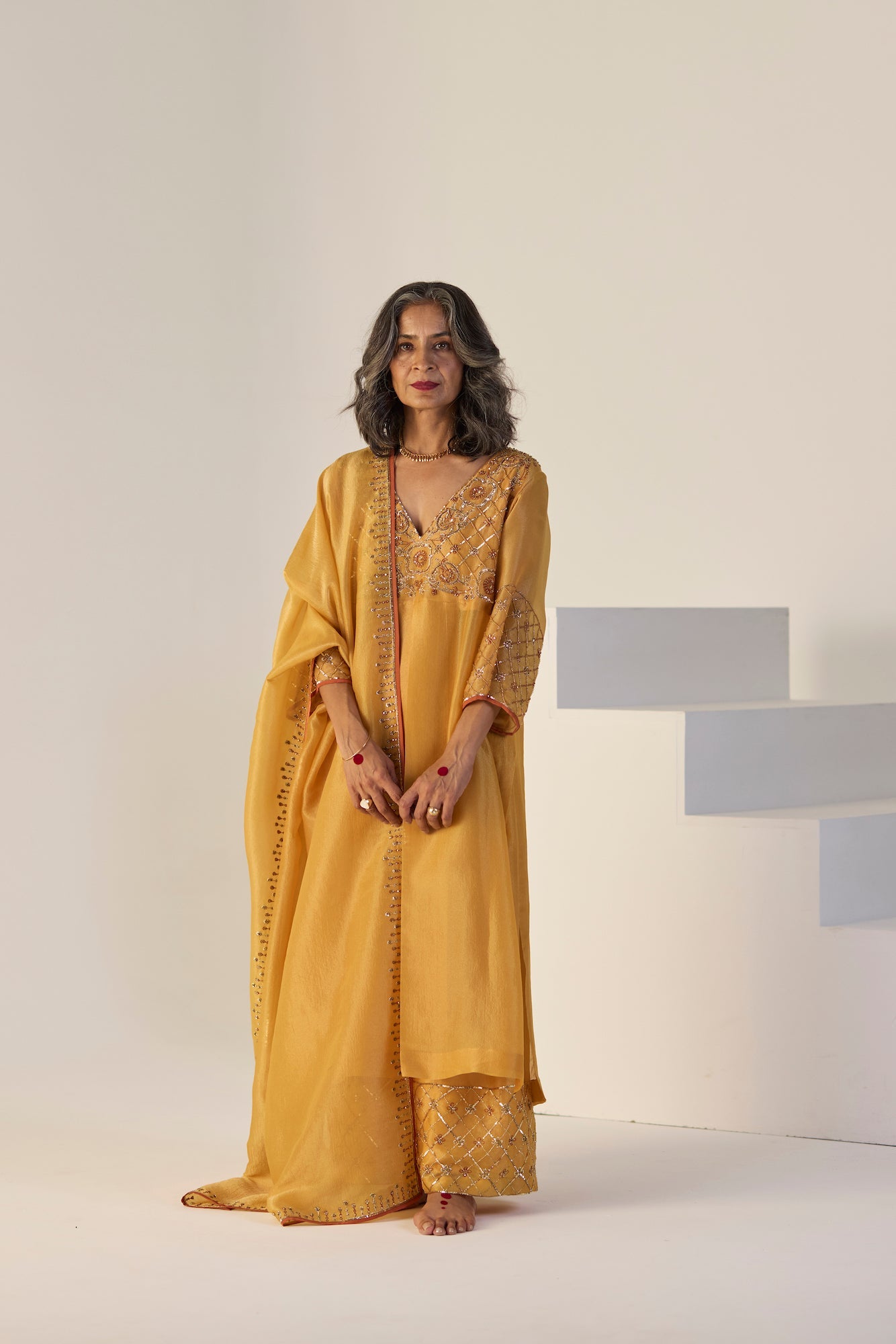 Vibrant Yellow Badla Tissue Silk Suit Set: Elegant Kurta, Pants, and Dupatta