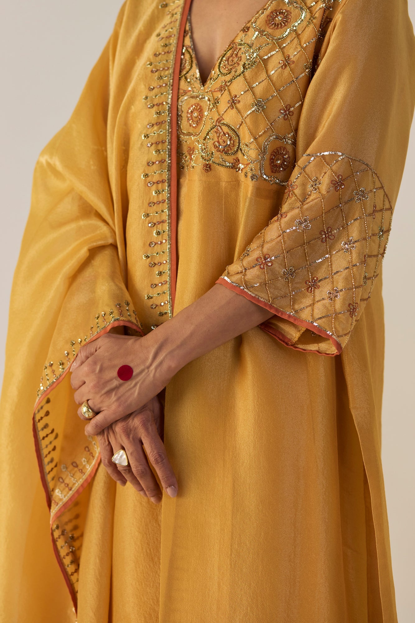 Vibrant Yellow Badla Tissue Silk Suit Set: Elegant Kurta, Pants, and Dupatta