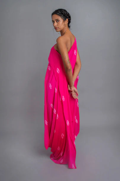 Silk One Shoulder Tie-dye Draped Dress Set