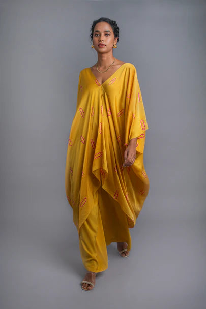 Silk Tie-dye Draped Kaftan Set
