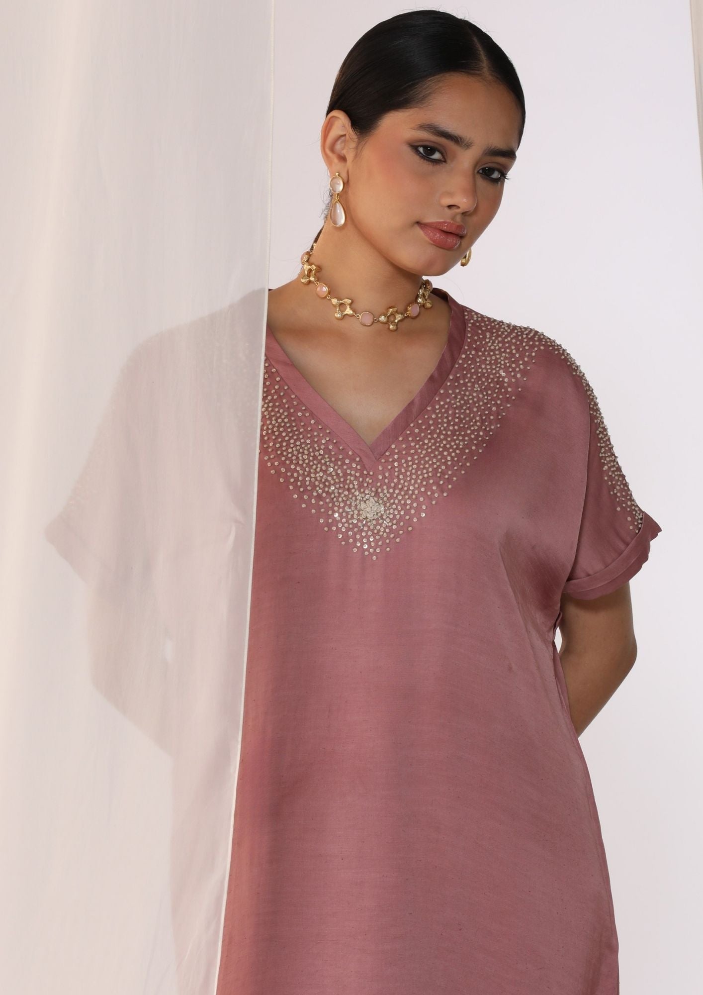 Linen Satin Co-Ord Set With Knot Handwork Embroidery