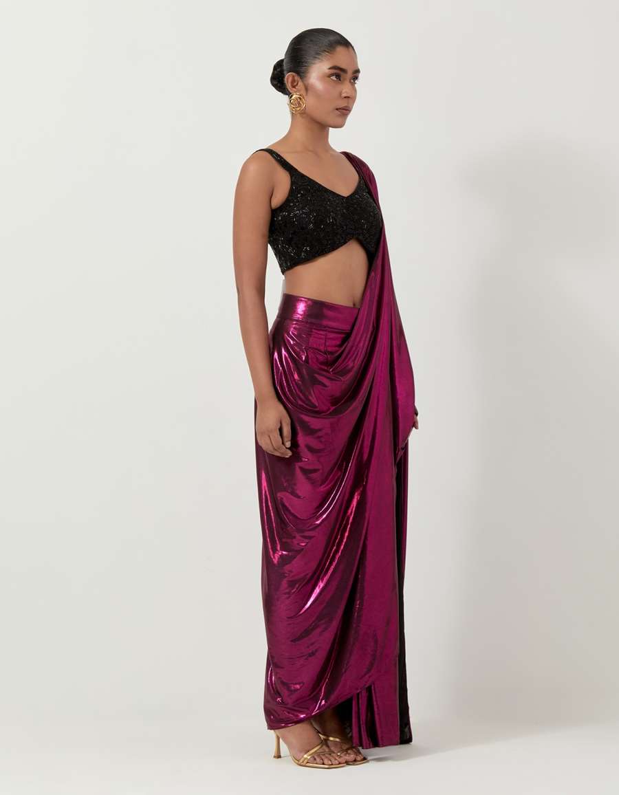 Waterfall Sari In Fuschia