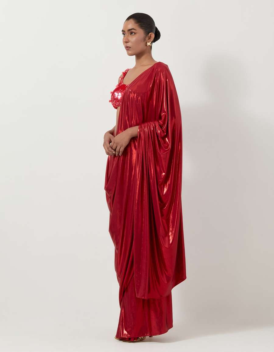 Waterfall Sari In Red