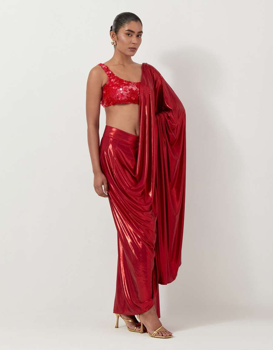 Waterfall Sari In Red