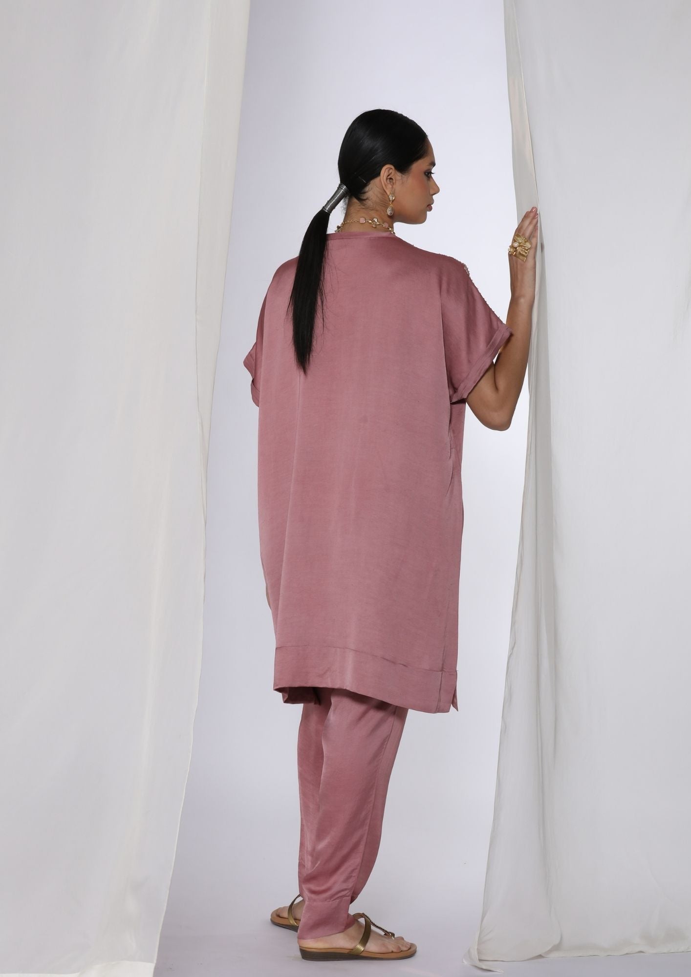 Linen Satin Co-Ord Set With Knot Handwork Embroidery