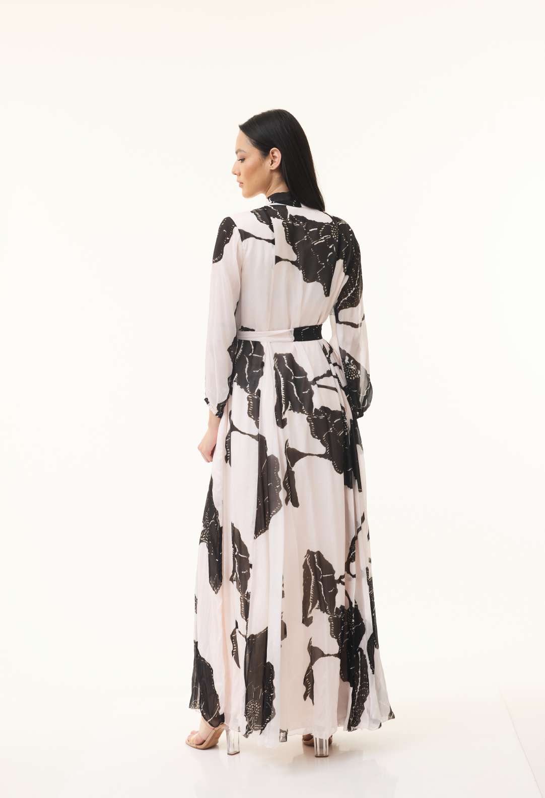 PEACH, BROWN AND BLACK FLORAL LONG DRESS