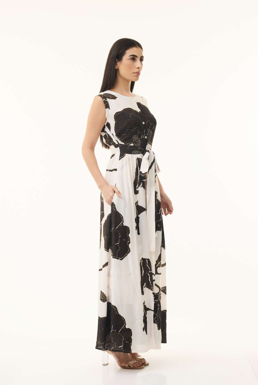 PEACH, BROWN AND BLACK FLORAL SLEEVELESS DRESS