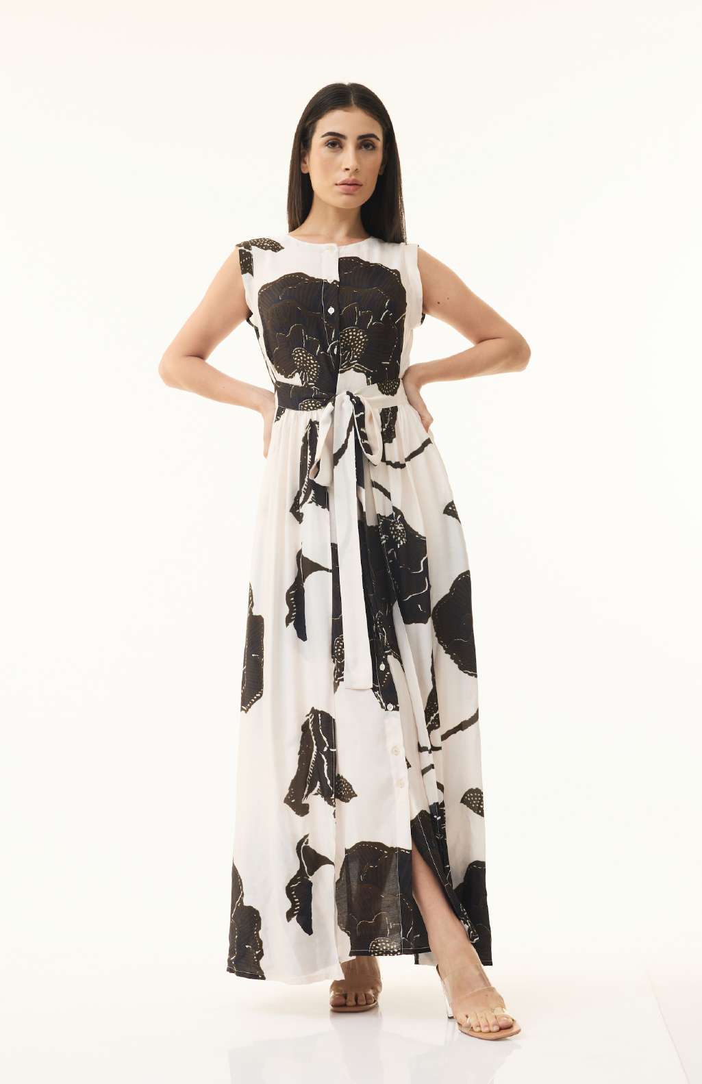 PEACH, BROWN AND BLACK FLORAL SLEEVELESS DRESS