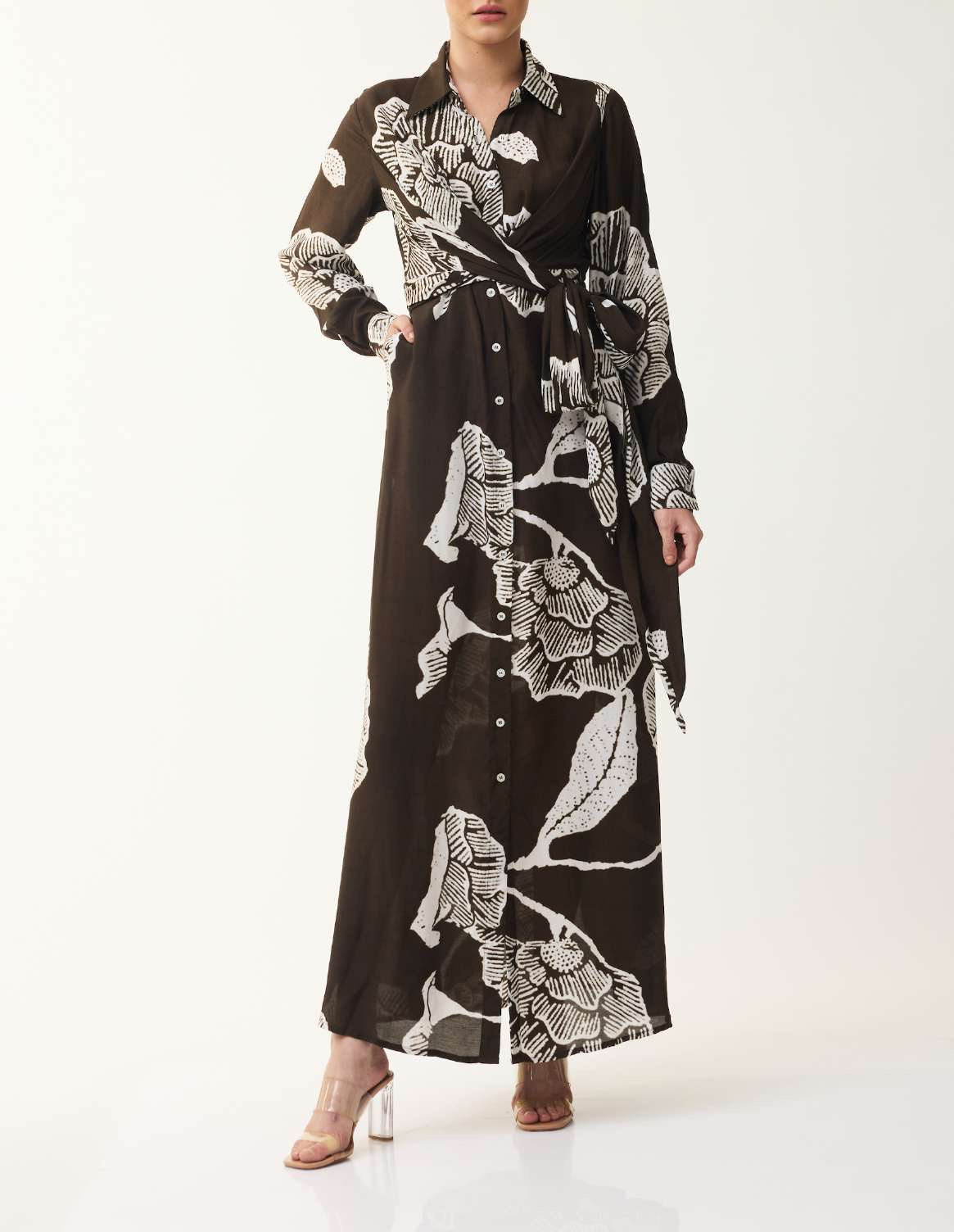 BLACK, PEACH AND BROWN FLORAL WRAP SHIRT DRESS