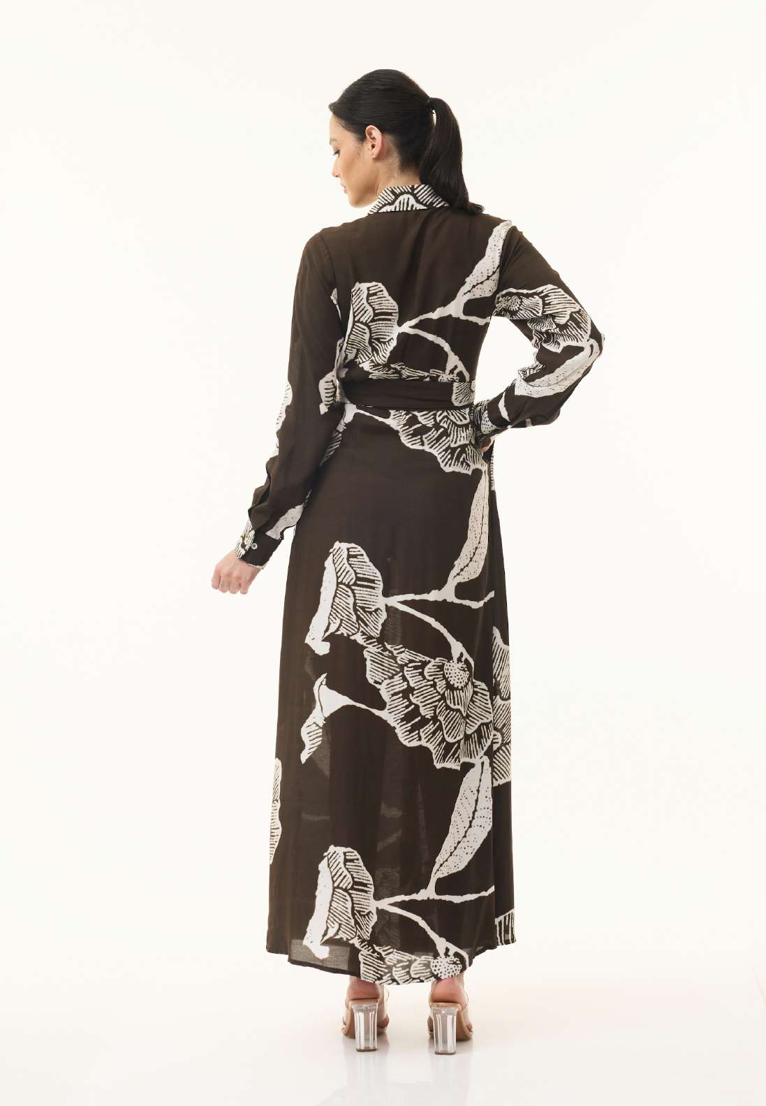 BLACK, PEACH AND BROWN FLORAL WRAP SHIRT DRESS