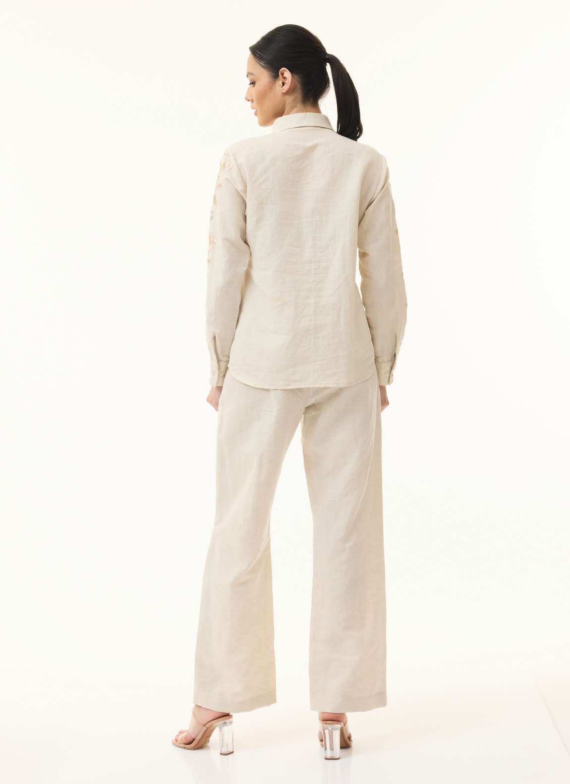 CREAM LINEN EMBROIDERED PANTS