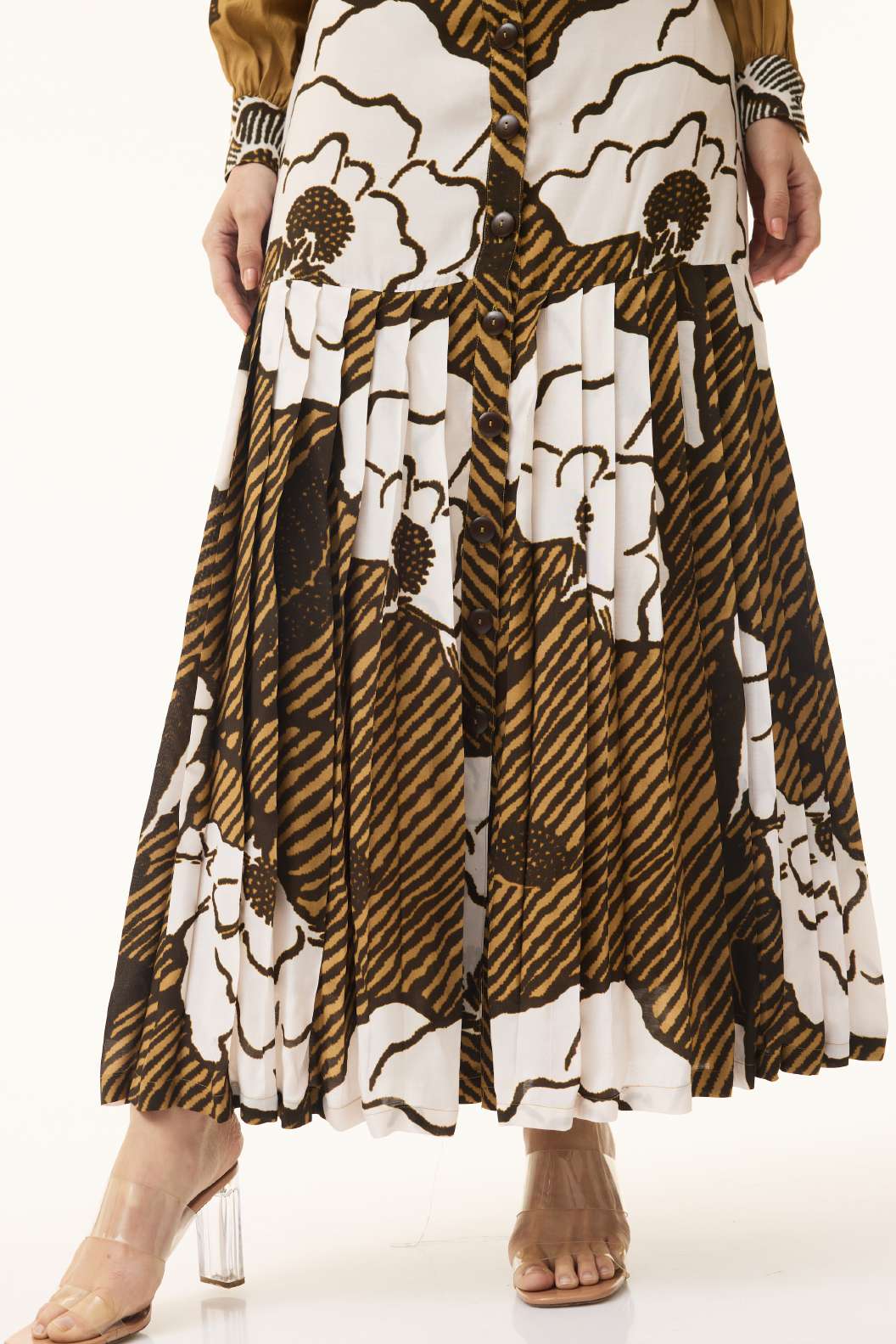 MUSTARD, WHITE AND BROWN FLORAL SKIRT