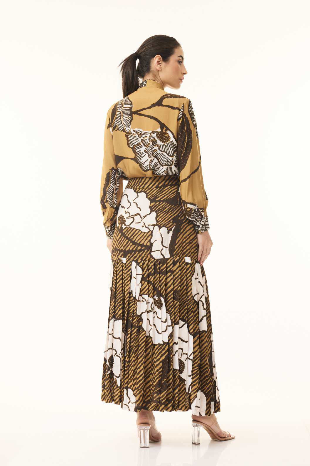 MUSTARD, WHITE AND BROWN FLORAL SKIRT