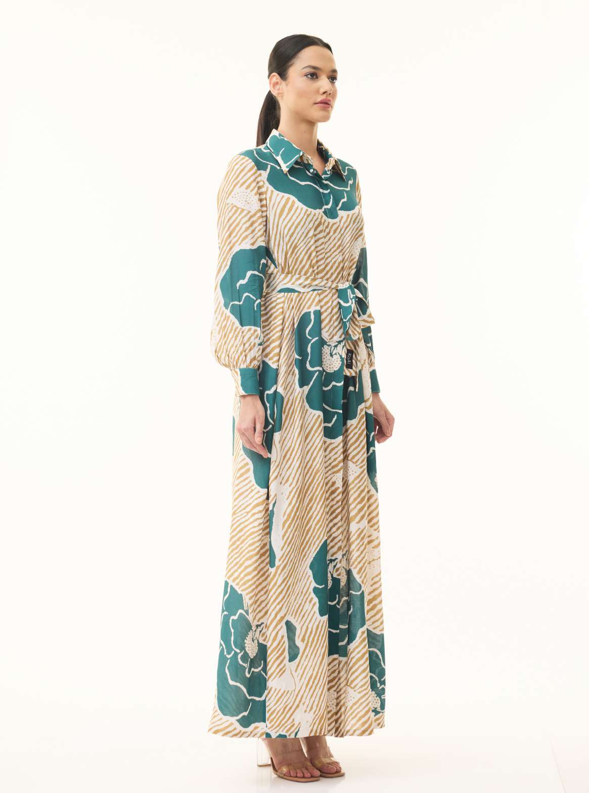 YELLOW AND TEAL FLORAL LONG SHIRT DRESS