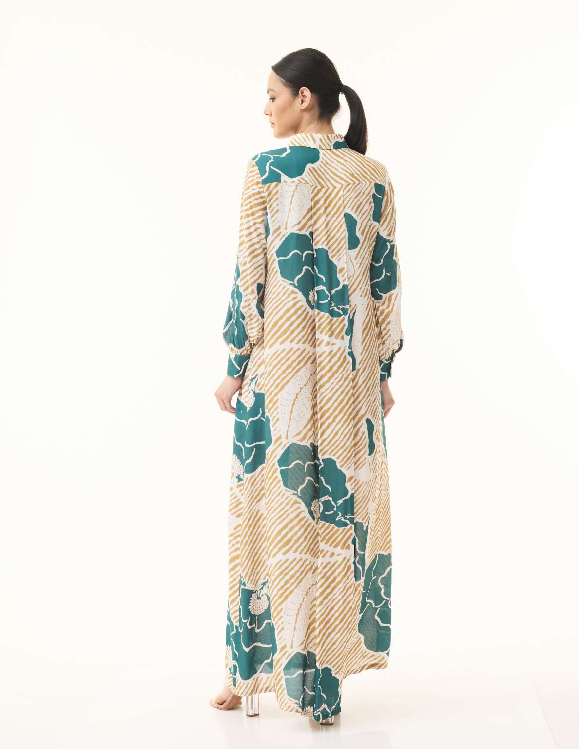 YELLOW AND TEAL FLORAL LONG SHIRT DRESS