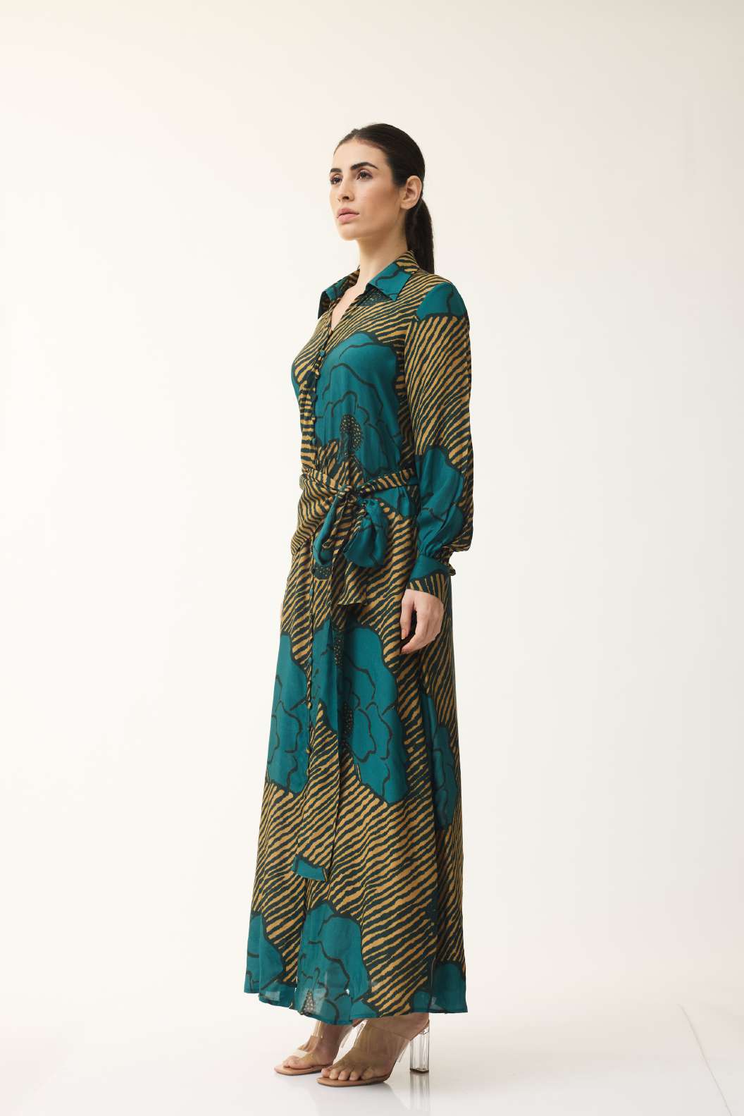 TEAL AND MUSTARD FLORAL LONG SHIRT DRESS WITH BELT