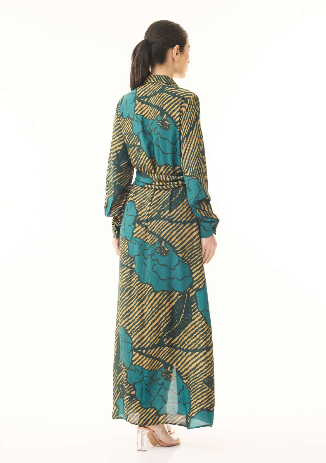 TEAL AND MUSTARD FLORAL LONG SHIRT DRESS WITH BELT