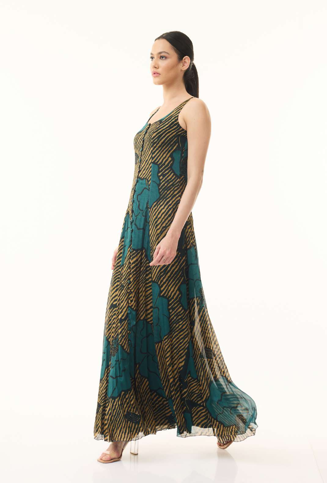TEAL AND MUSTARD FLORAL SLEEVELESS LONG DRESS