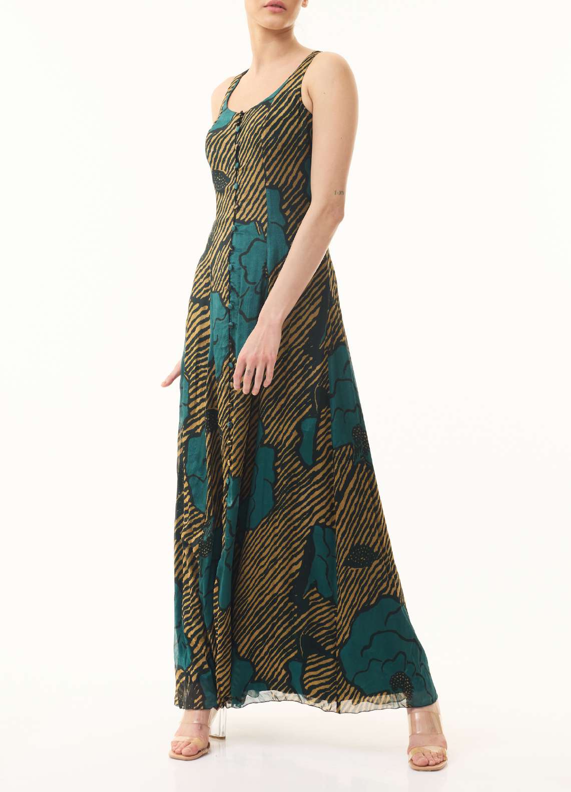 TEAL AND MUSTARD FLORAL SLEEVELESS LONG DRESS