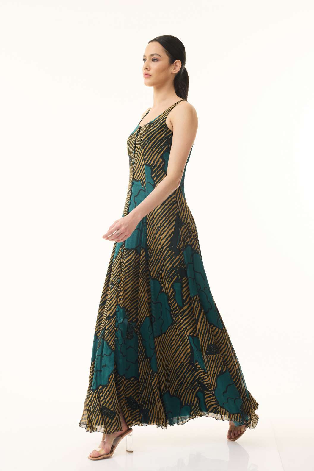TEAL AND MUSTARD FLORAL SLEEVELESS LONG DRESS