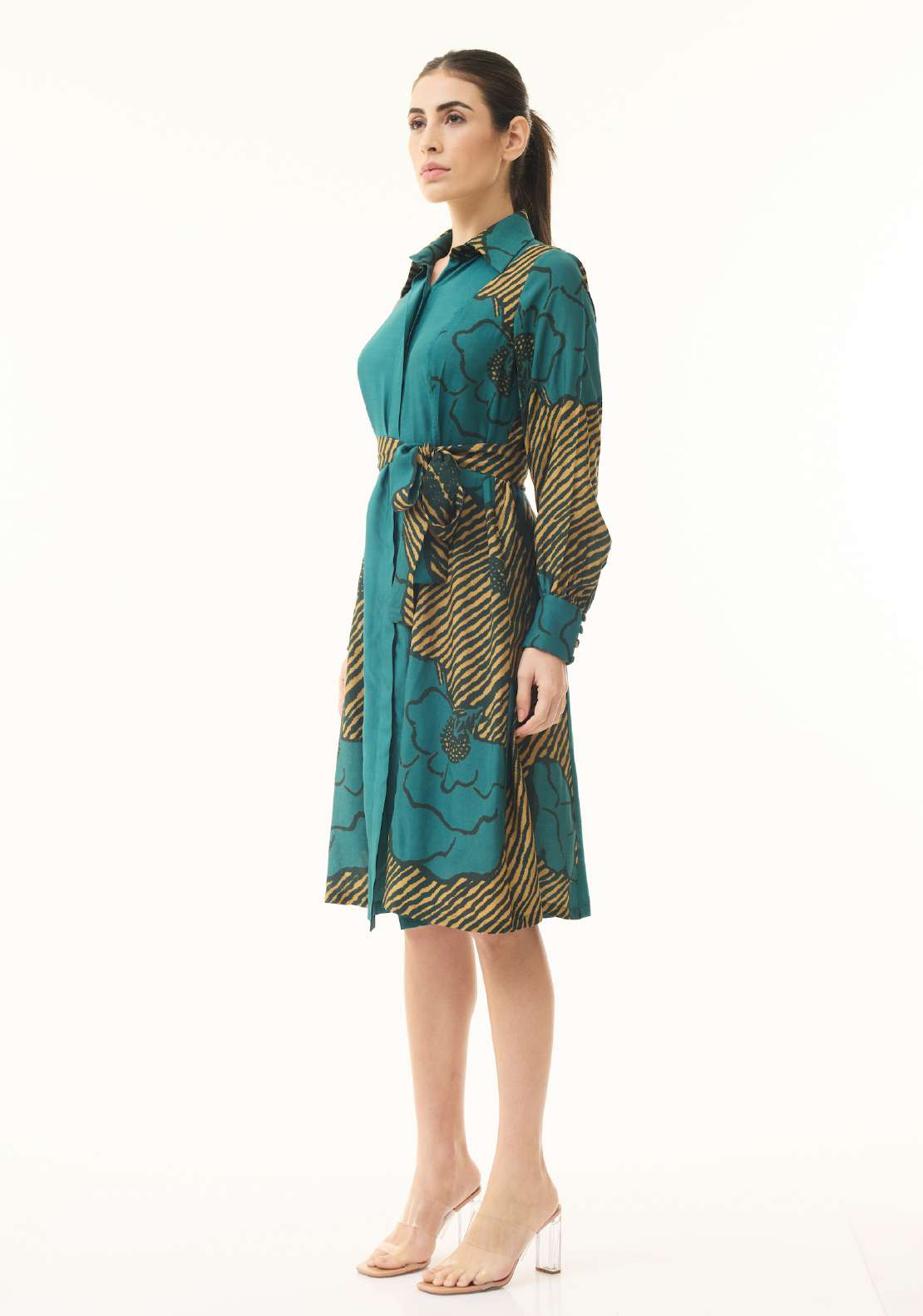 TEAL AND MUSTARD FLORAL SHIRT DRESS